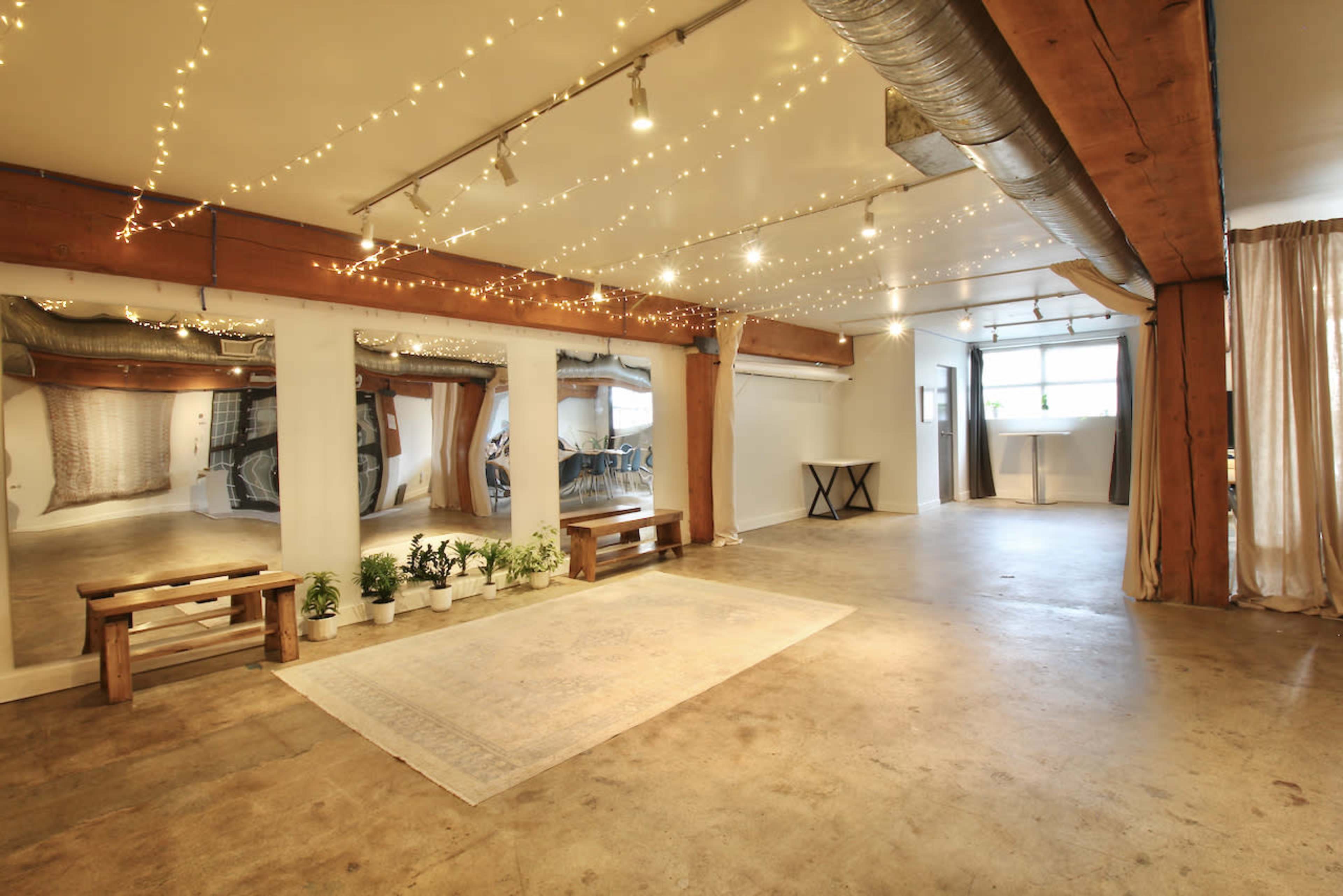 The image shows a spacious interior with wooden beams, string lights overhead, and a light-colored rug on a concrete floor, complemented by plants in pots along the wall.