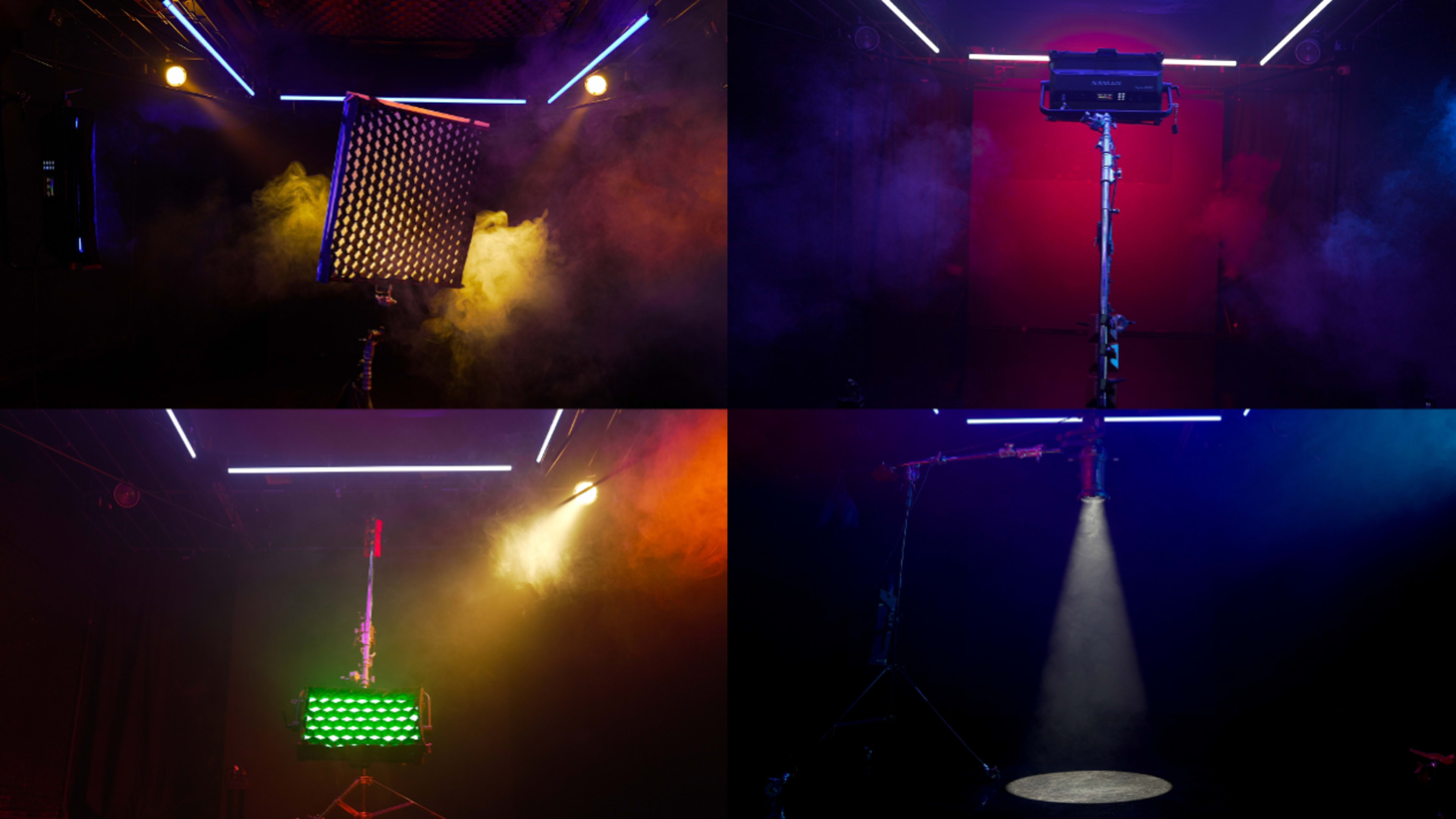A grid of four quadrants showcasing various lighting setups in a fog-filled studio environment with colored lights.