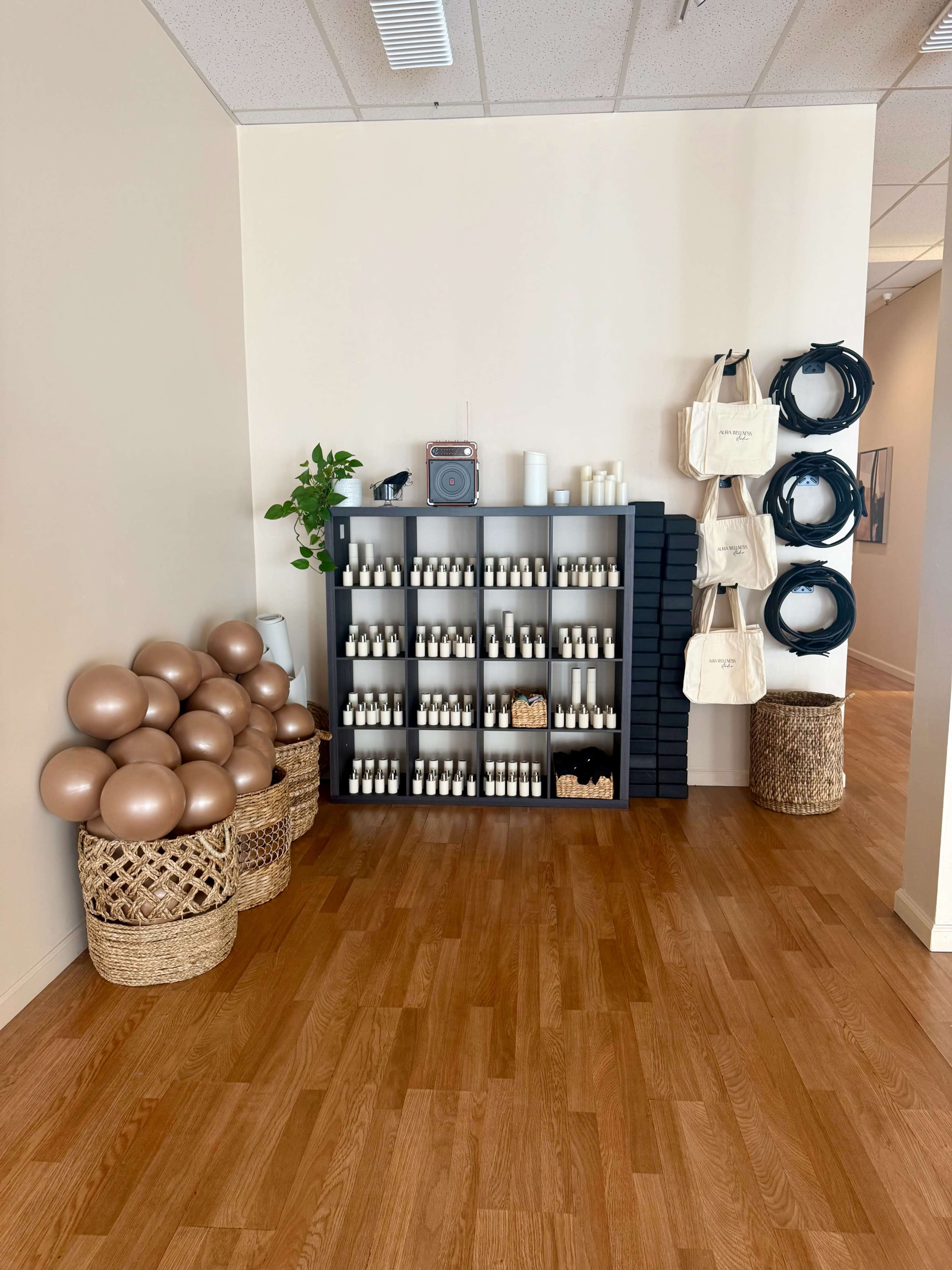 The image shows a corner of a room with a shelf displaying various bottles, two baskets with balloons, and several black coils hanging on the wall.