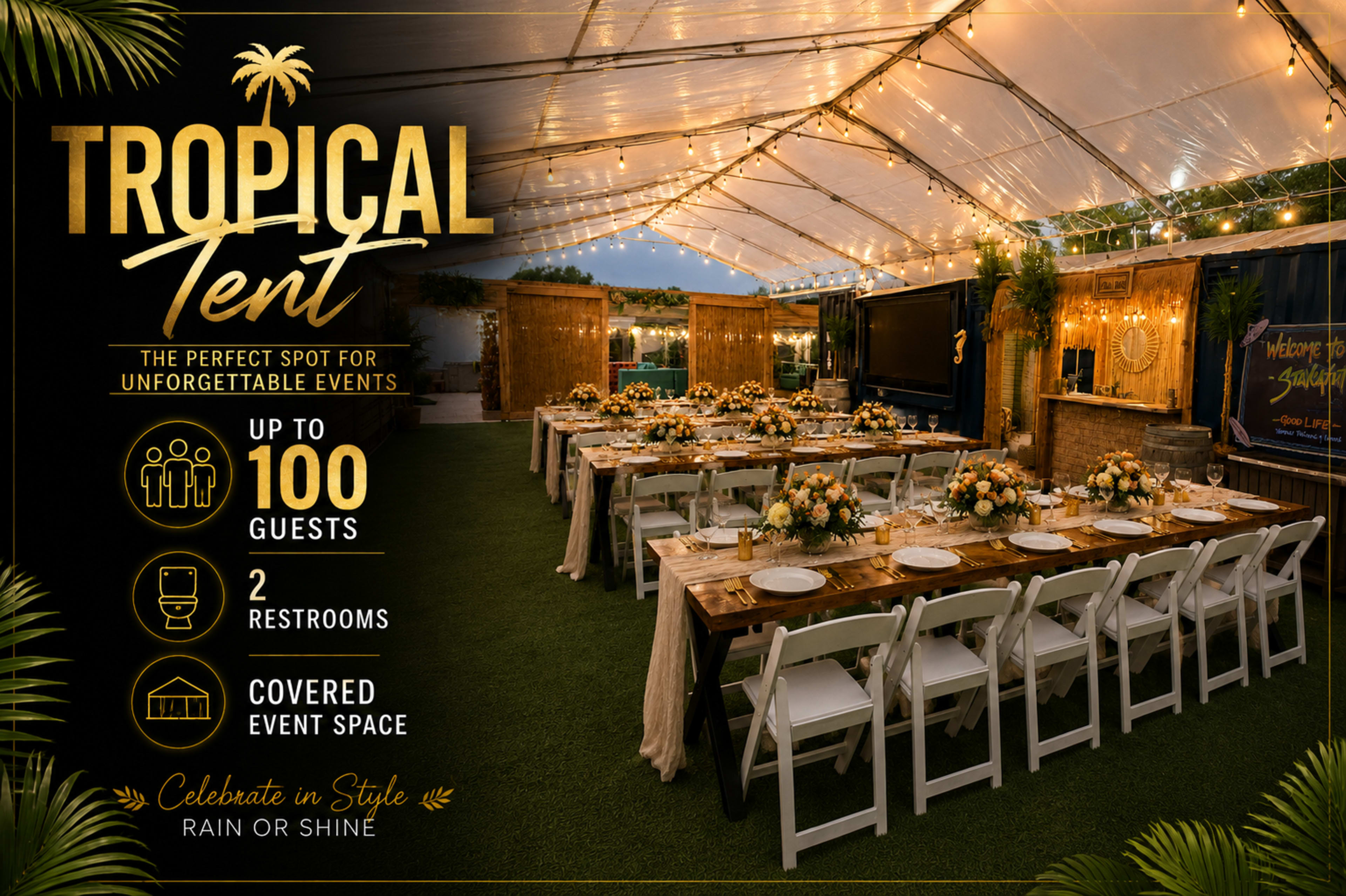 The image showcases a beautifully decorated tent set up for an event, featuring long tables adorned with floral centerpieces and string lights overhead.