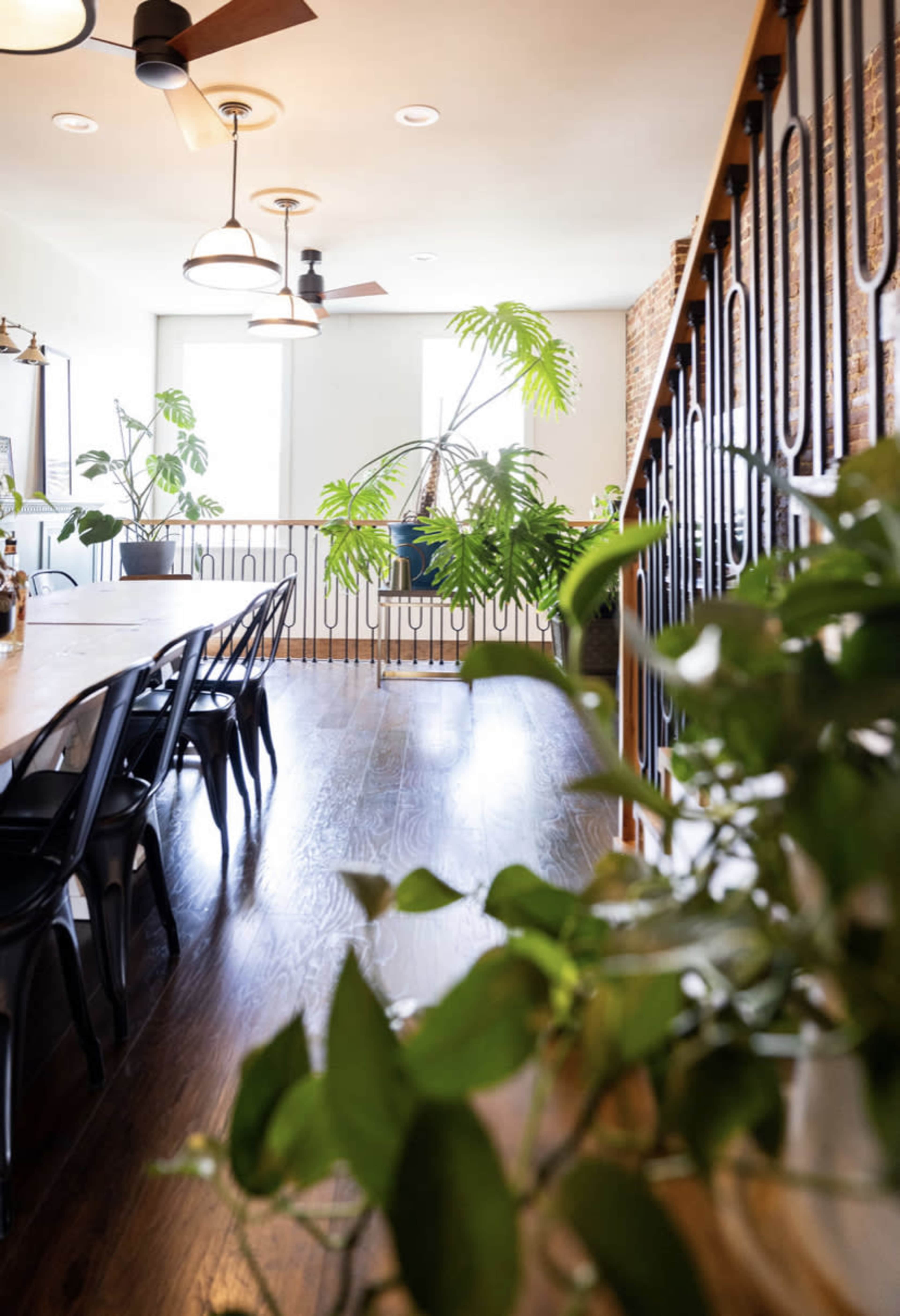 A spacious dining area features a long wooden table surrounded by black chairs, with large potted plants and a staircase in the background.