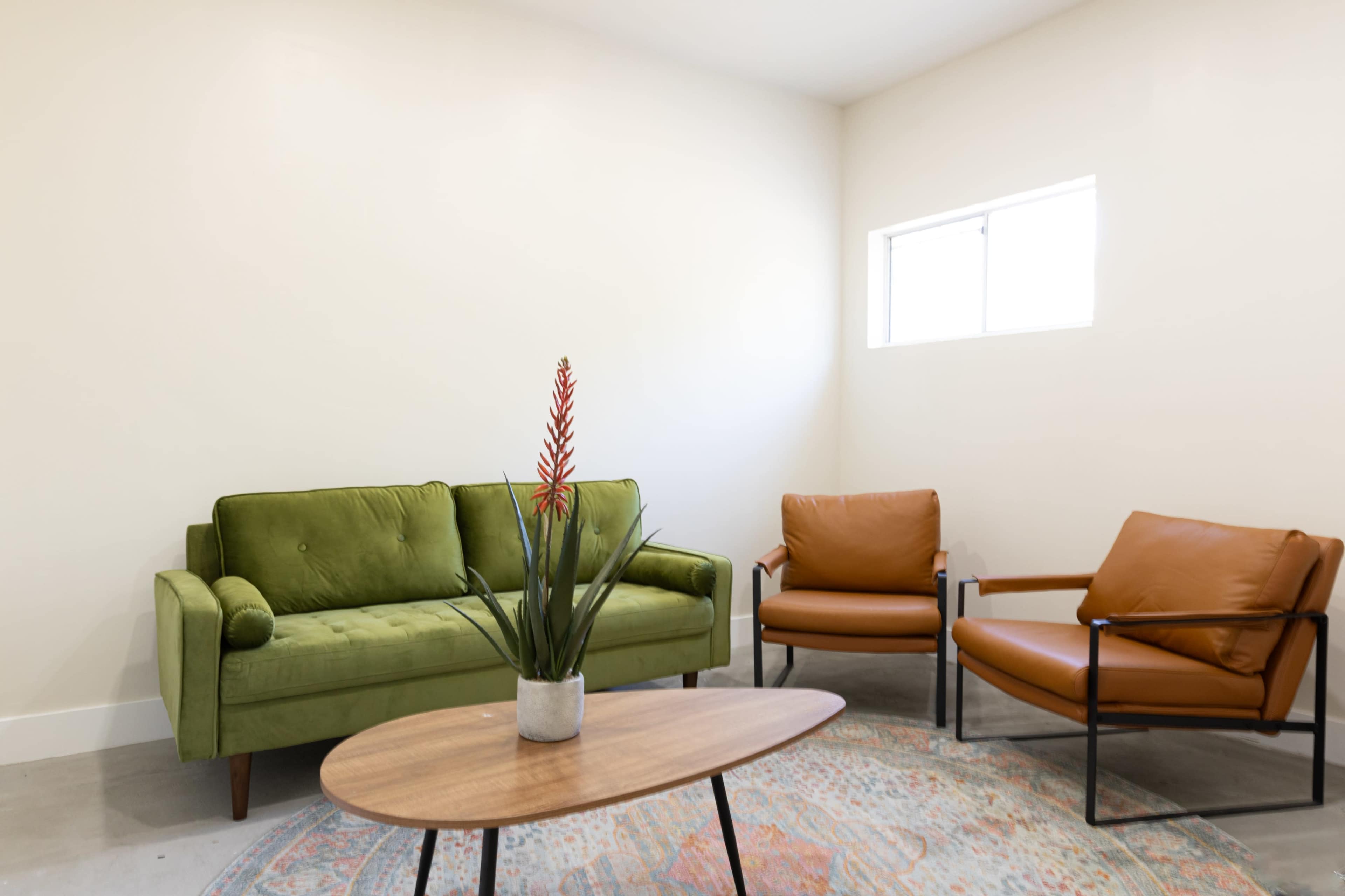 The room features a green velvet sofa, two brown leather chairs, a round wooden coffee table, and a potted plant on the table, with a small window providing natural light.