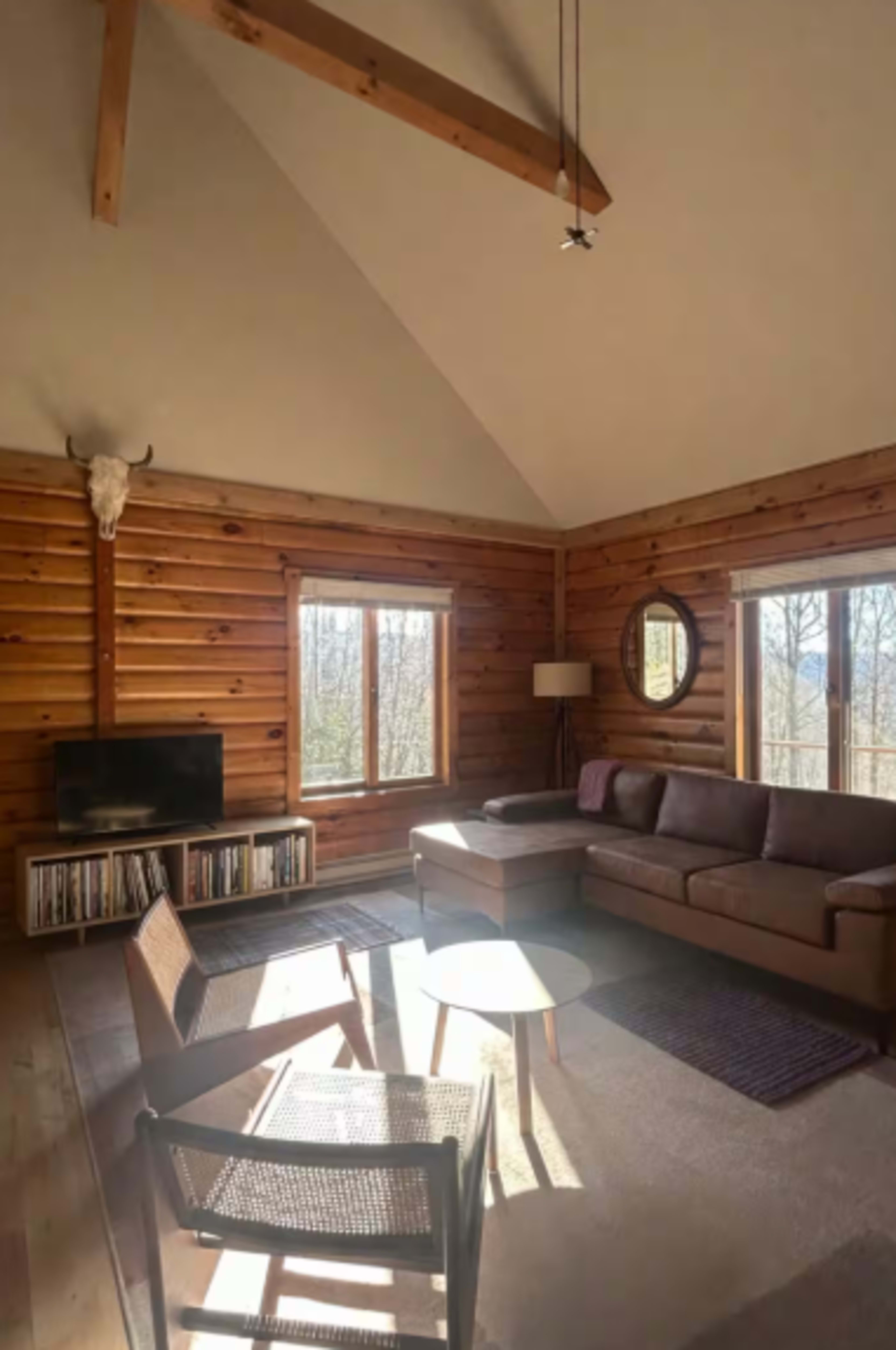 The image shows a cozy living room with wooden walls, large windows, a sofa, two chairs, a coffee table, a television, and a decorative item on the wall.