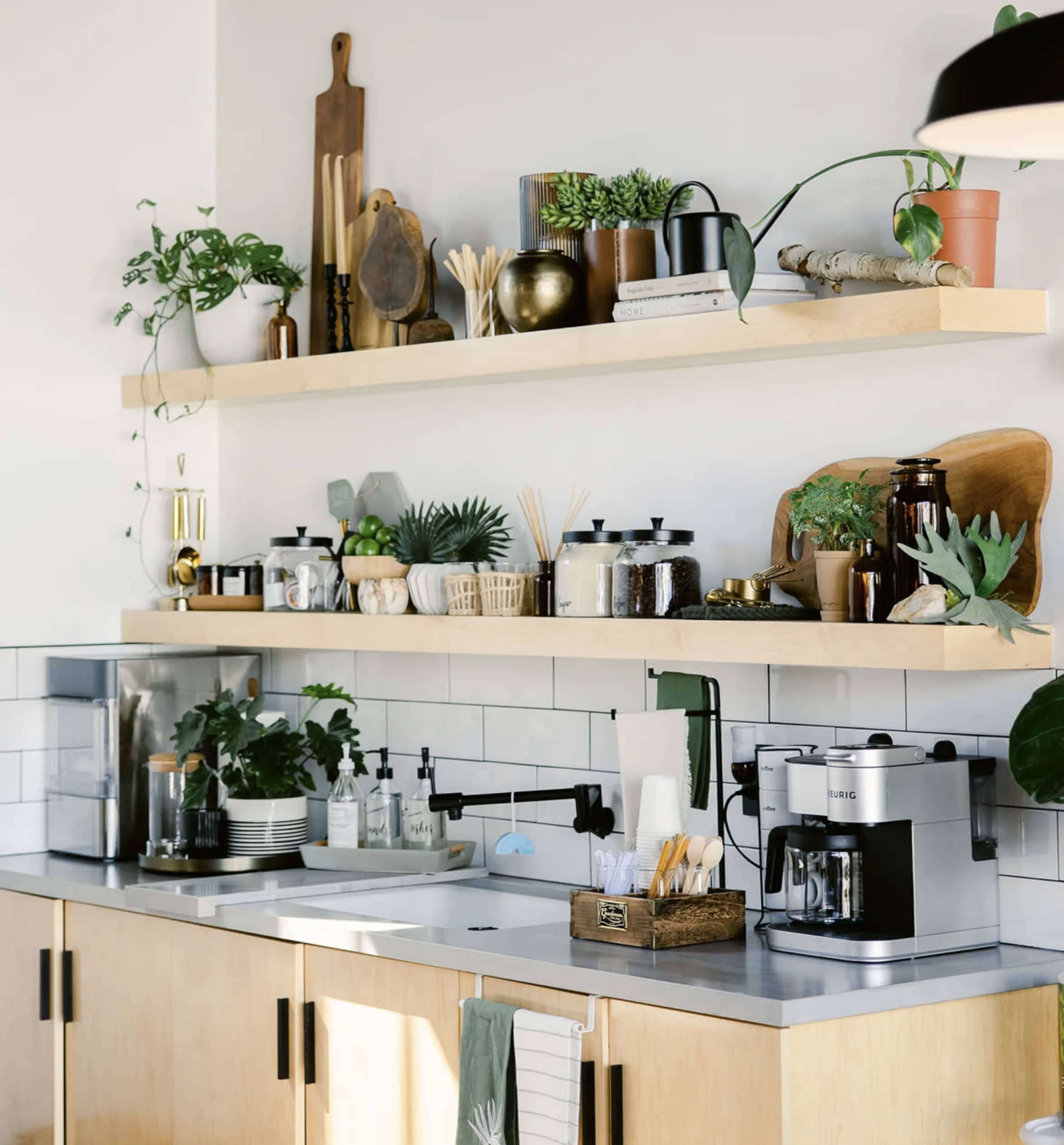 A modern kitchen features wooden shelves above a countertop, adorned with various plants, kitchenware, and glass containers.