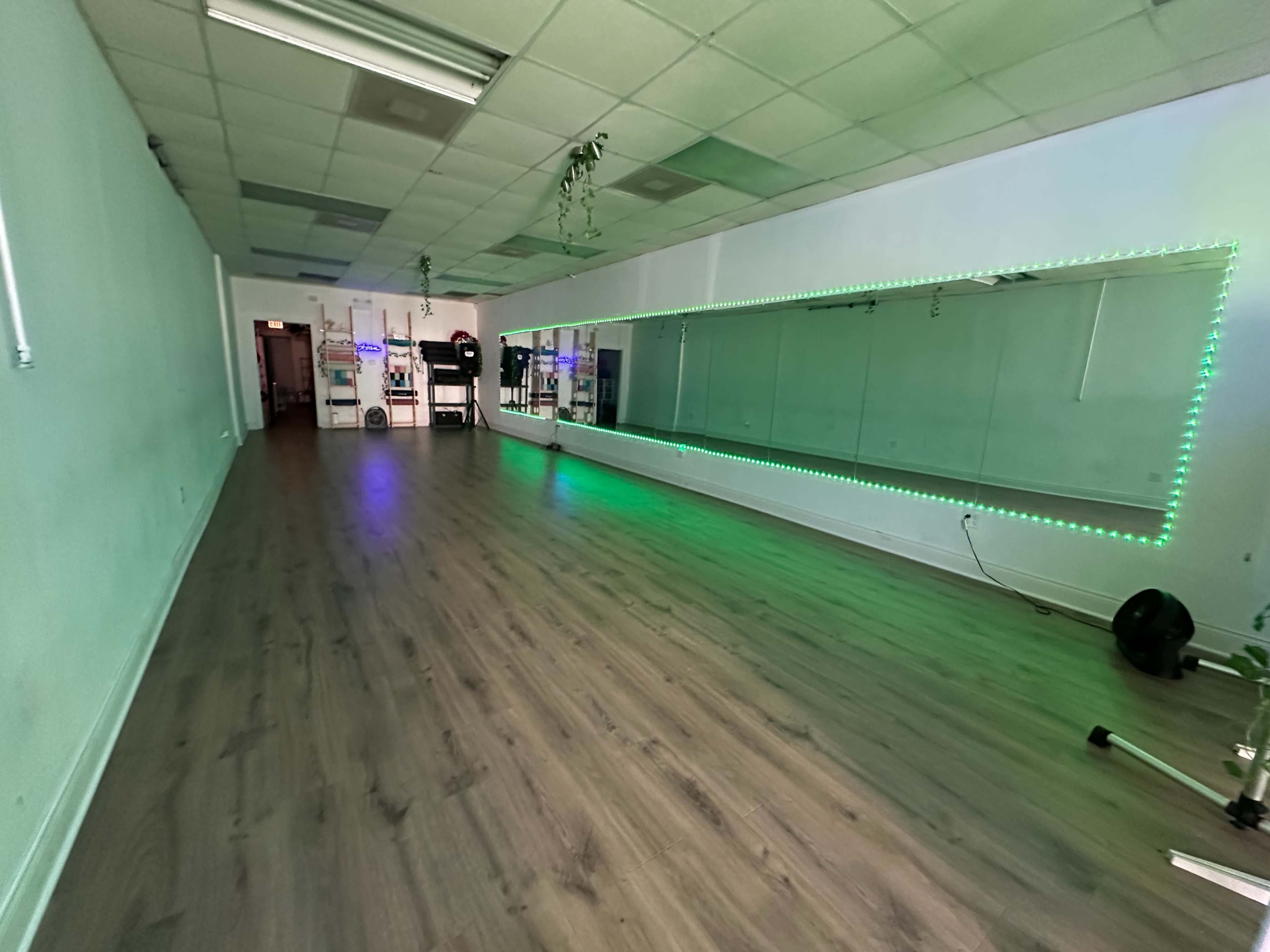 The image shows a spacious studio with wooden flooring and a large mirrored wall illuminated by green LED lights.