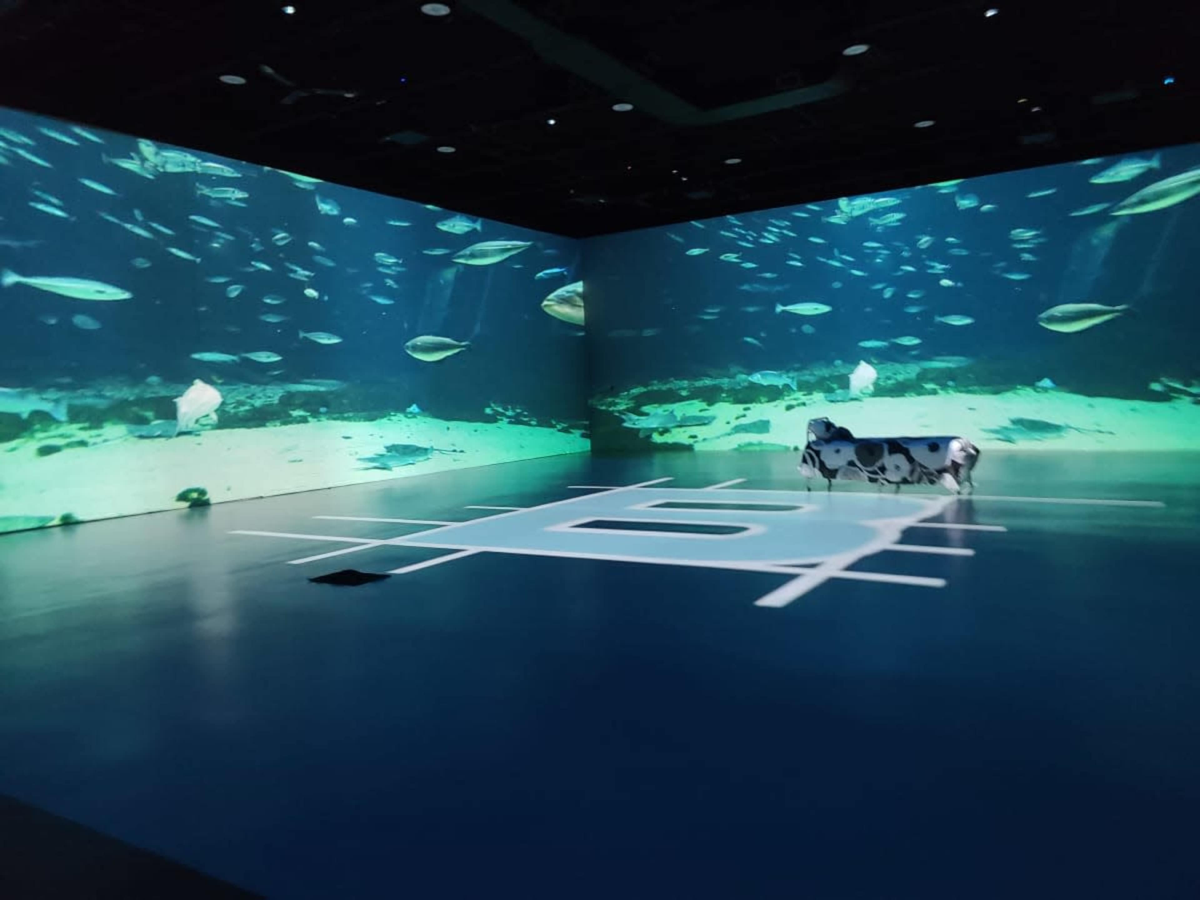 The image shows a large, immersive room with projections of an underwater scene on the walls and a prominent logo on the floor.