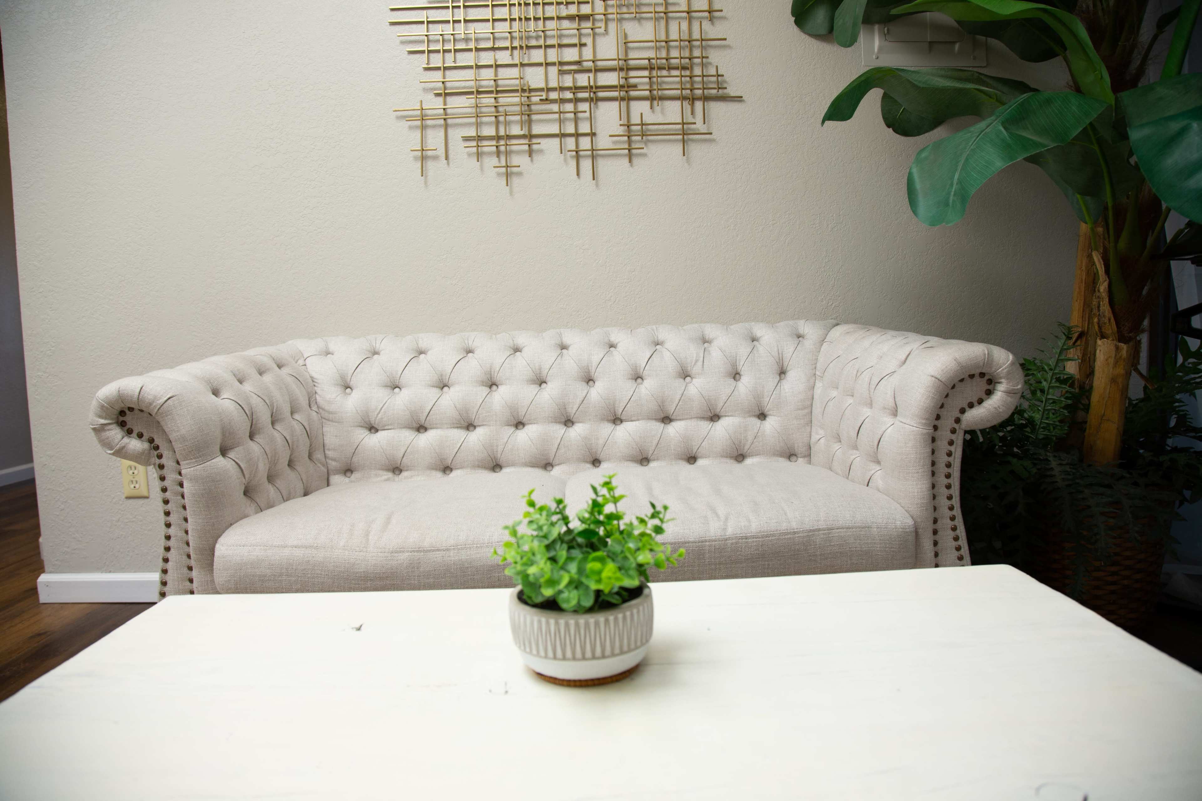 A beige tufted sofa is positioned near a decorative wall piece, with a small potted plant on a white coffee table in the foreground.