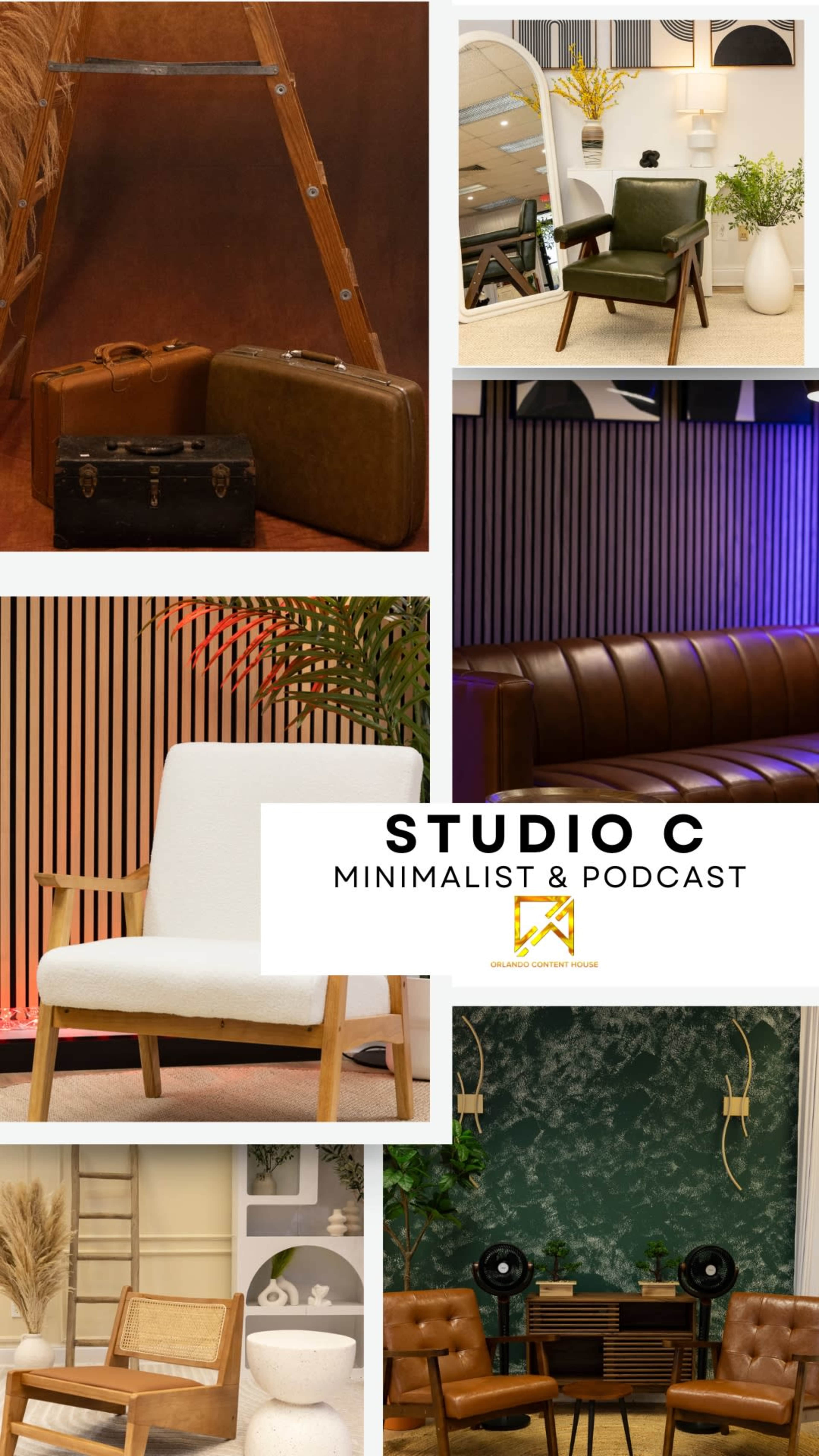 The image showcases a collection of minimalist furniture and decor elements arranged in different settings, highlighting a blend of chairs, plants, and design features suitable for a podcast studio.