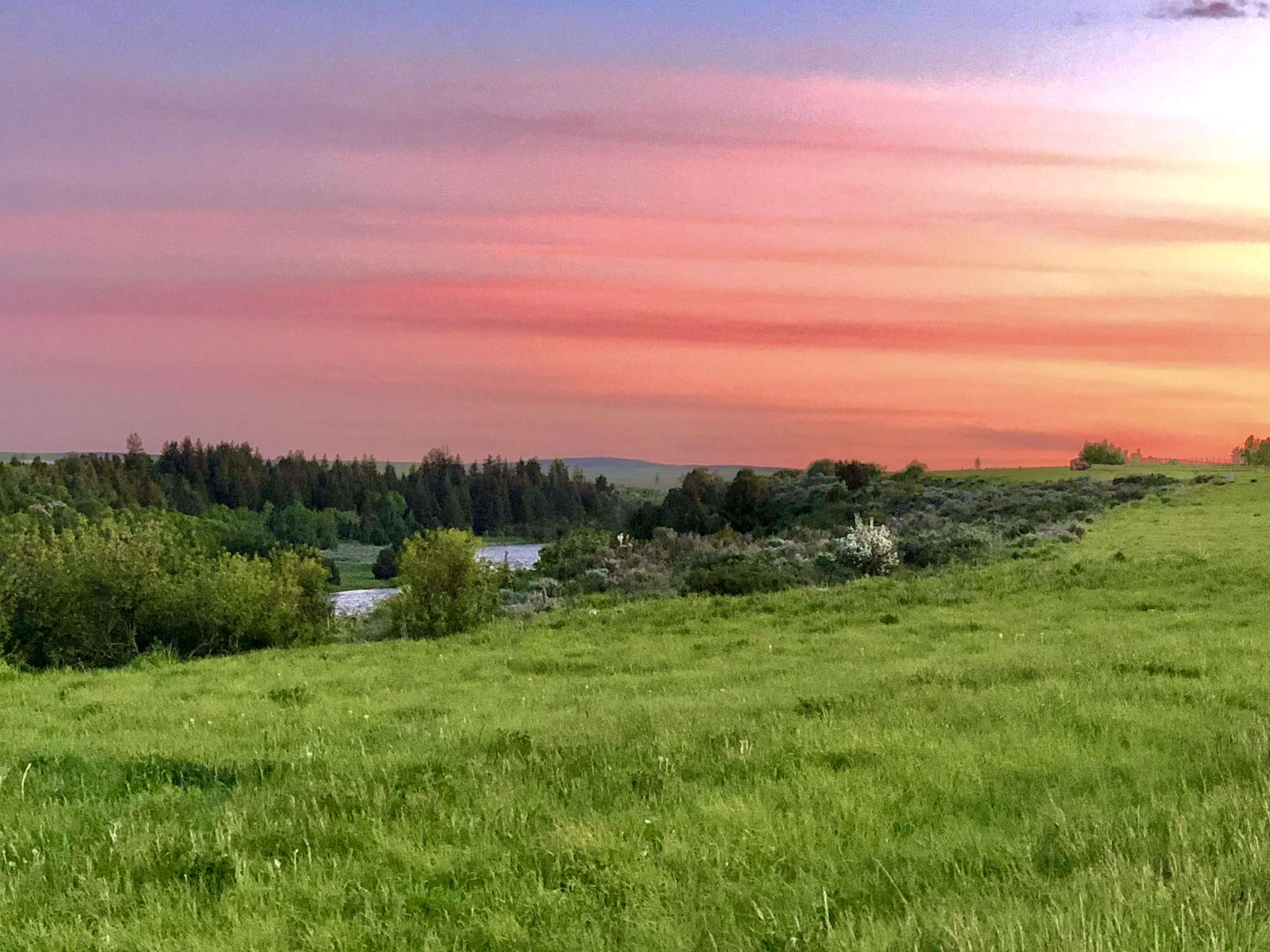 A serene landscape features a lush green field leading to a winding river under a colorful sunset sky.