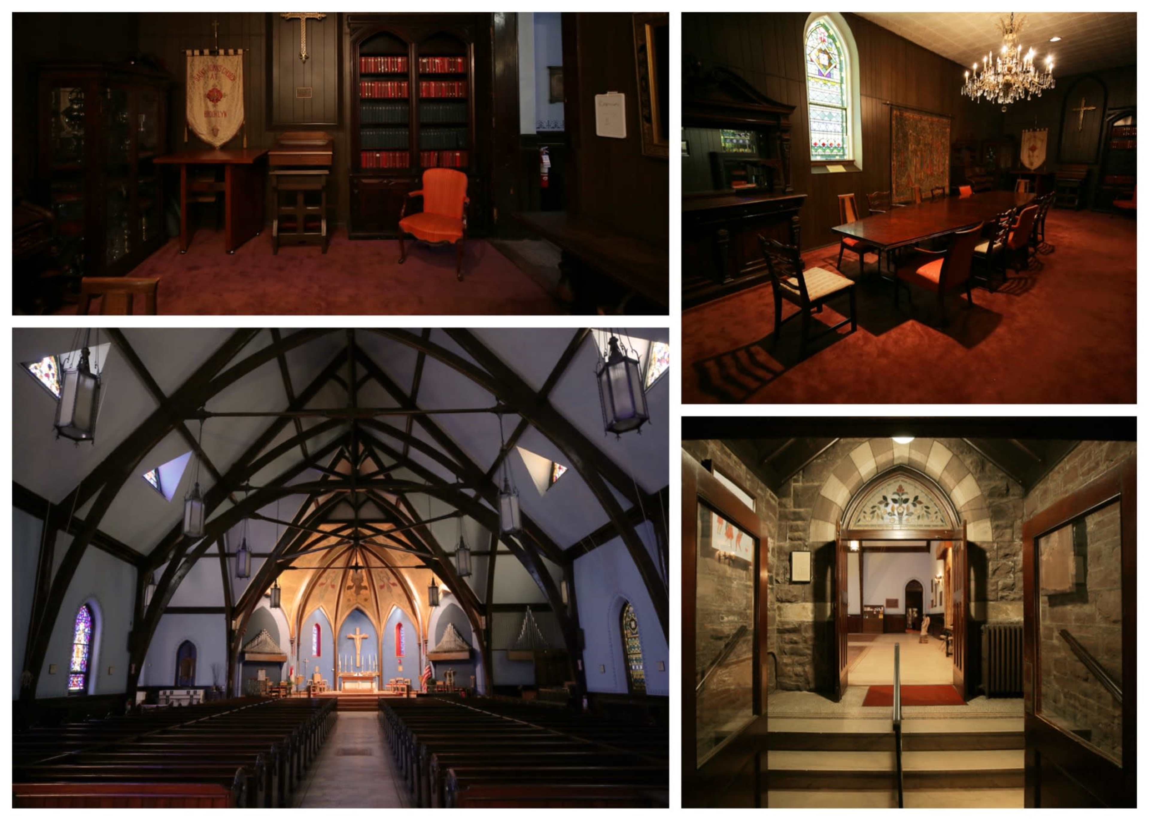 A collage of a church interior, including a chapel with stained glass windows, a reading room, a gathering space with a table, and an entrance hall.