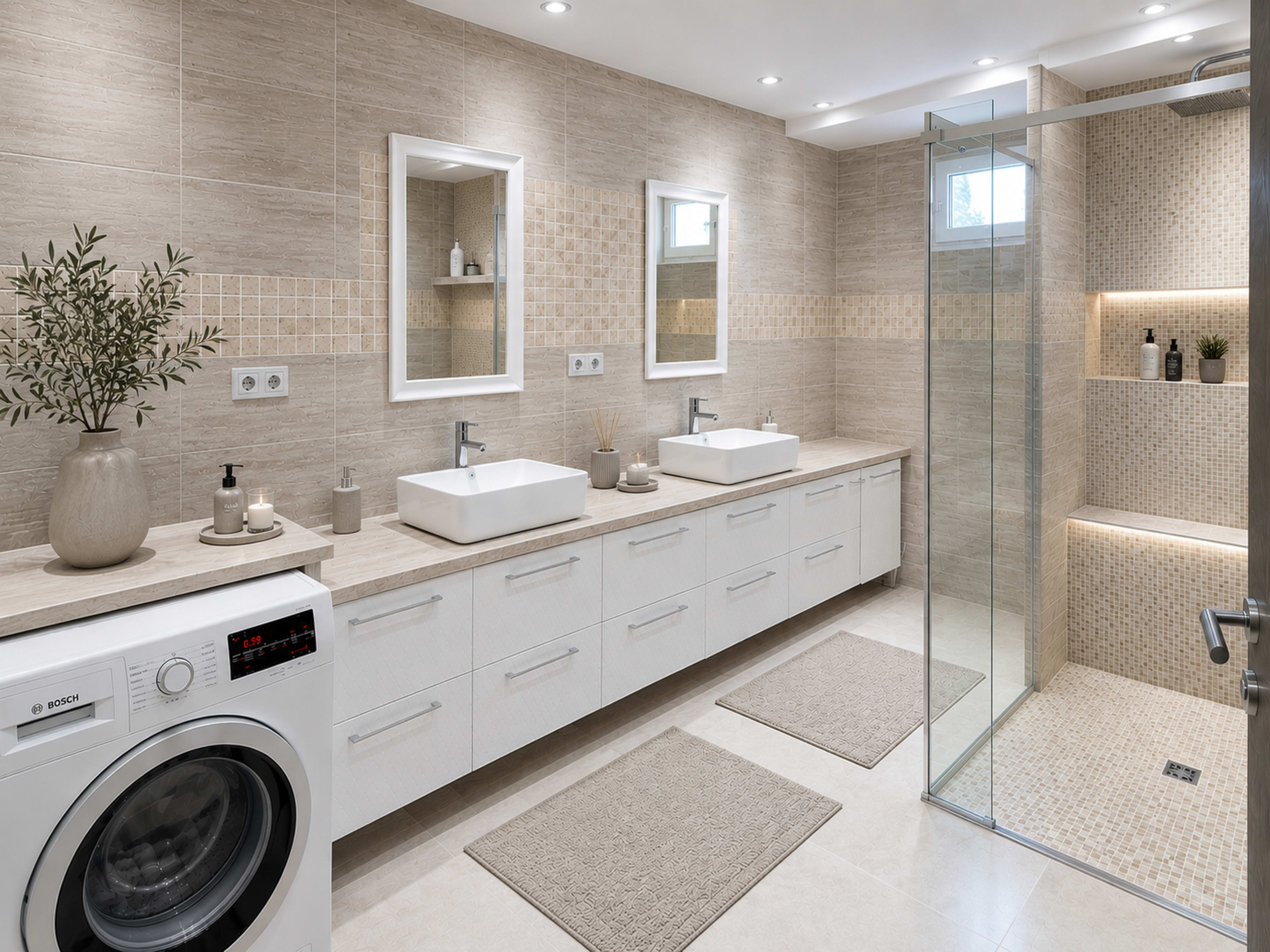 The image shows a modern bathroom with double sinks, a walk-in shower, and a washing machine integrated into the cabinetry.