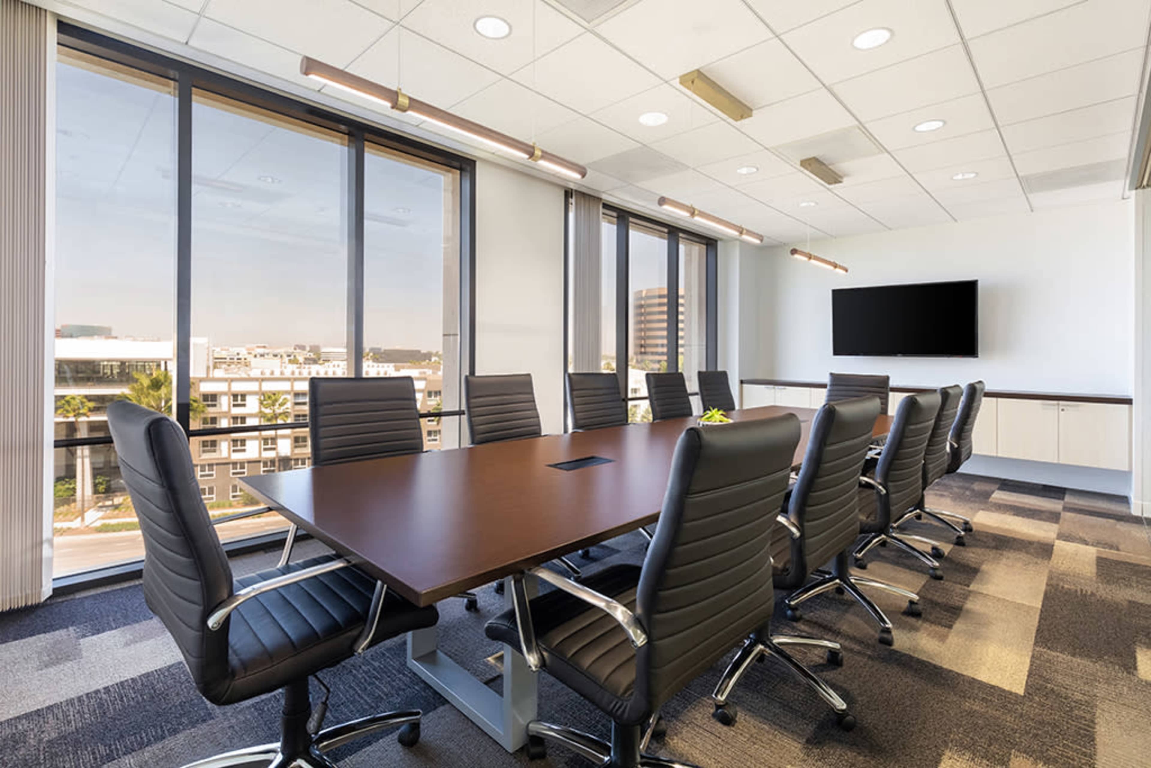 A modern conference room features a long table surrounded by black leather chairs, with large windows that provide natural light and a flat-screen TV mounted on the wall.