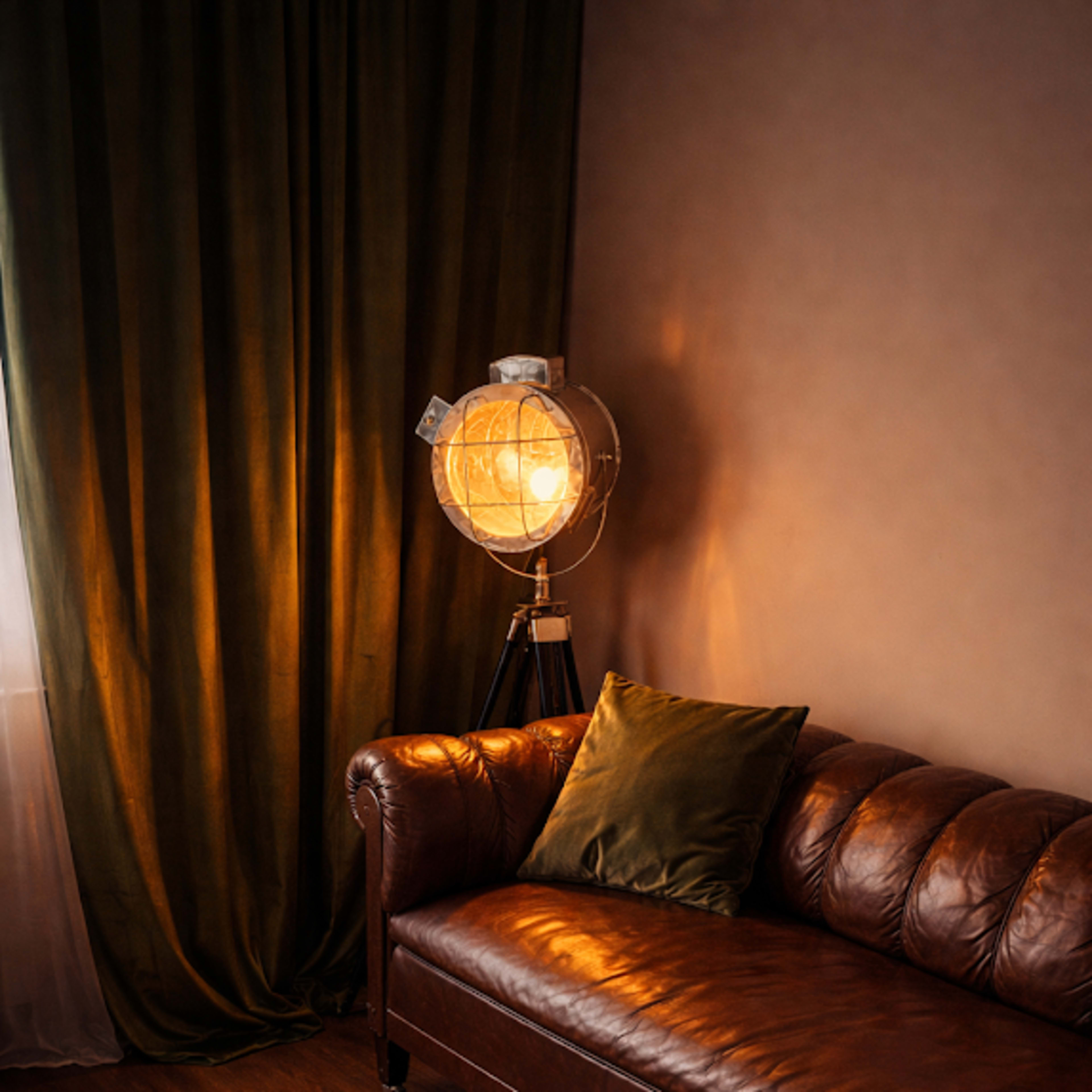 A brown leather sofa with a green throw pillow sits beside a globe-shaped lamp emitting a warm light, against a backdrop of dark green curtains.