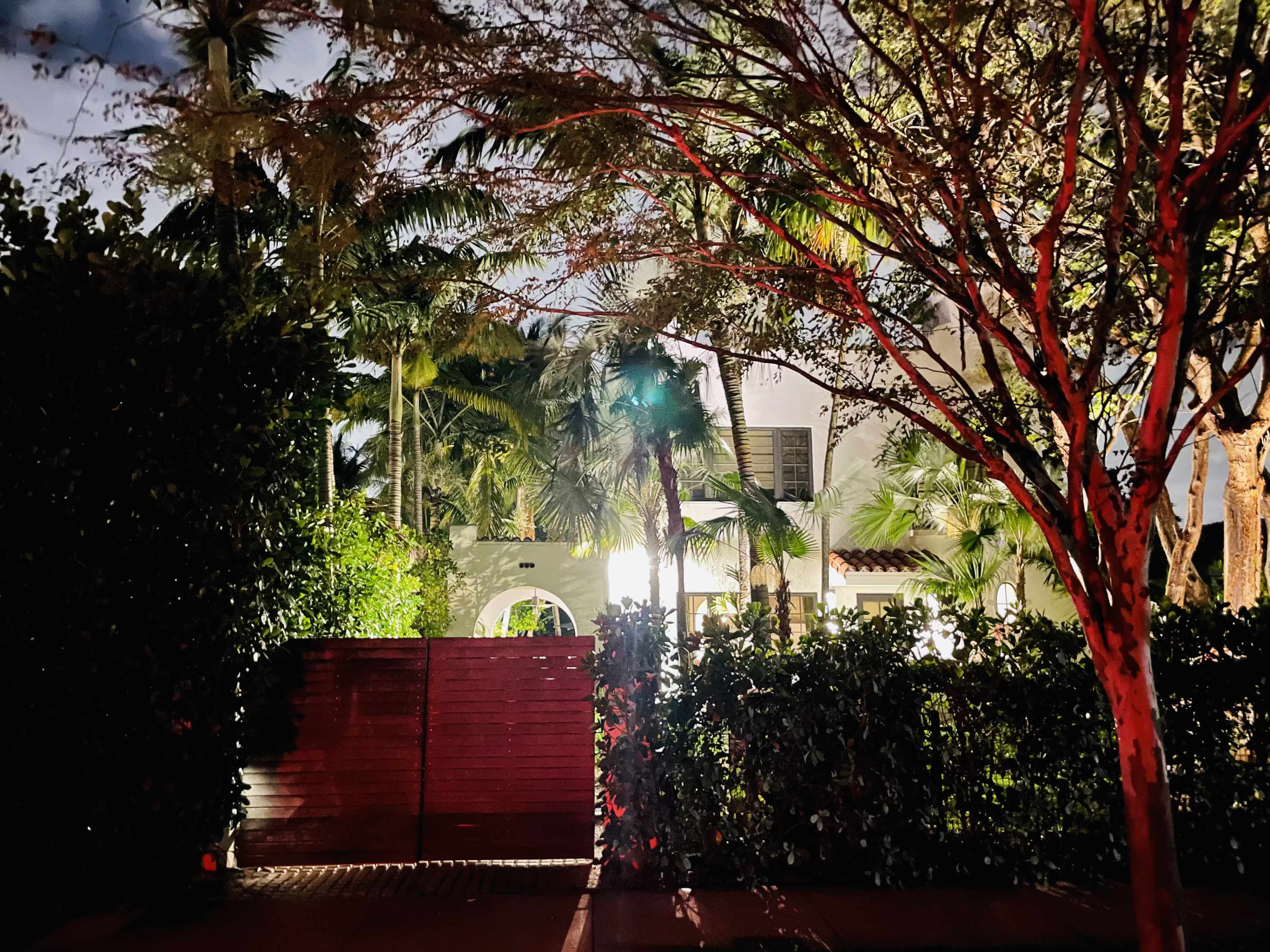 A well-lit house is partially visible behind lush greenery and wooden fencing at night.