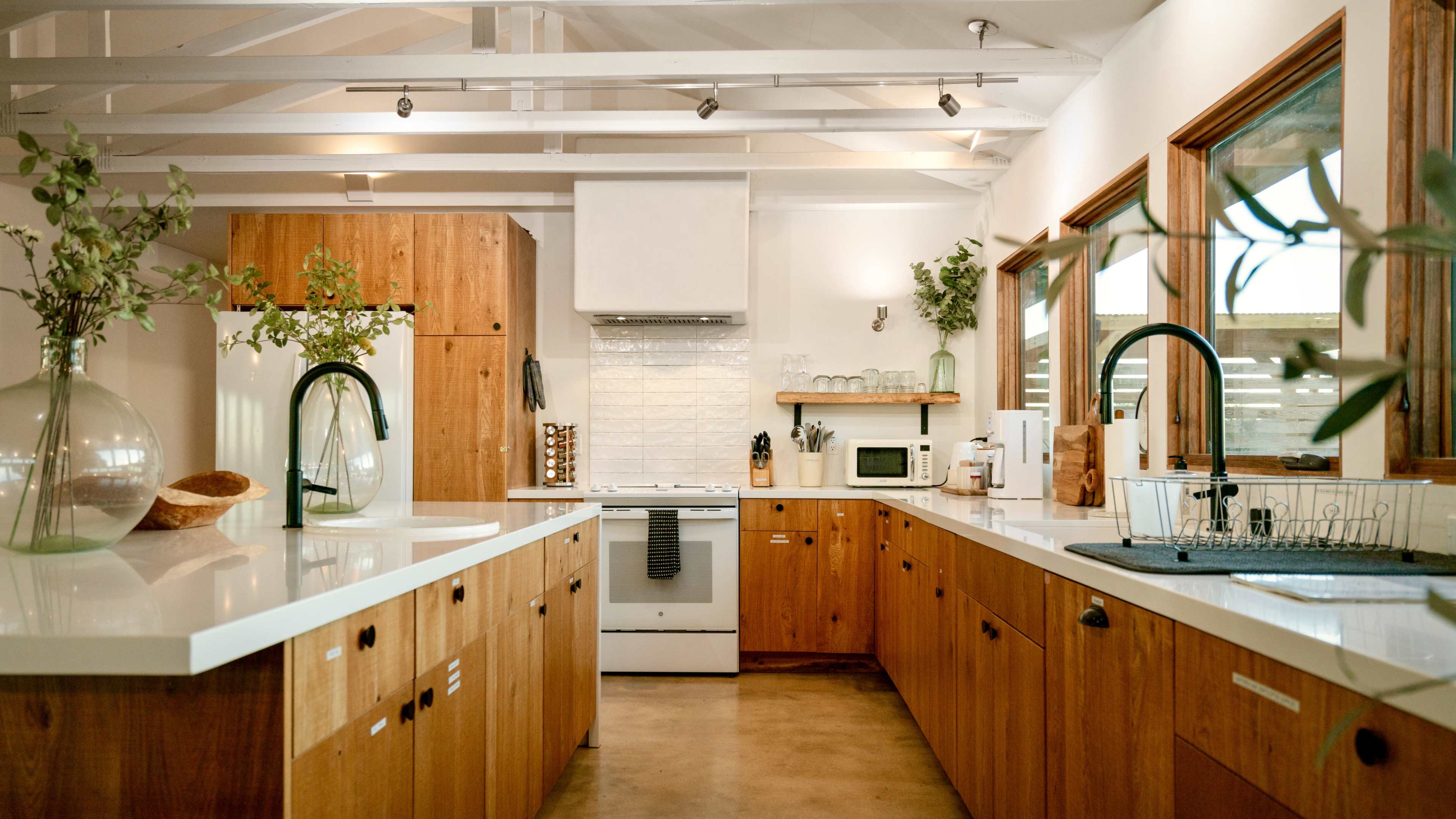 A modern kitchen features wooden cabinetry, a white countertop, and stainless steel appliances, complemented by decorative plants.