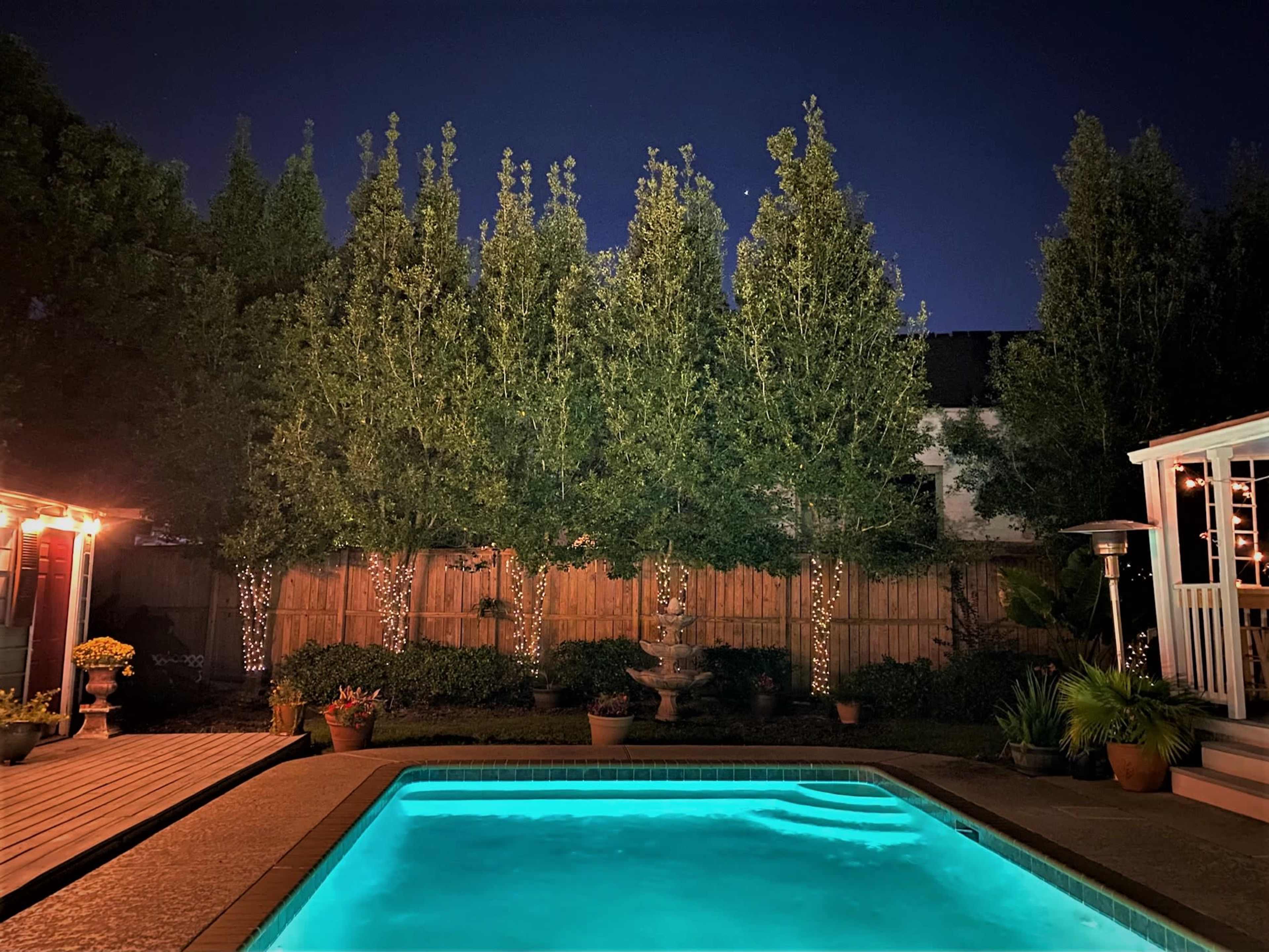A nighttime backyard scene with a swimming pool illuminated in turquoise, surrounded by trees and a patio area with plants and lighting.