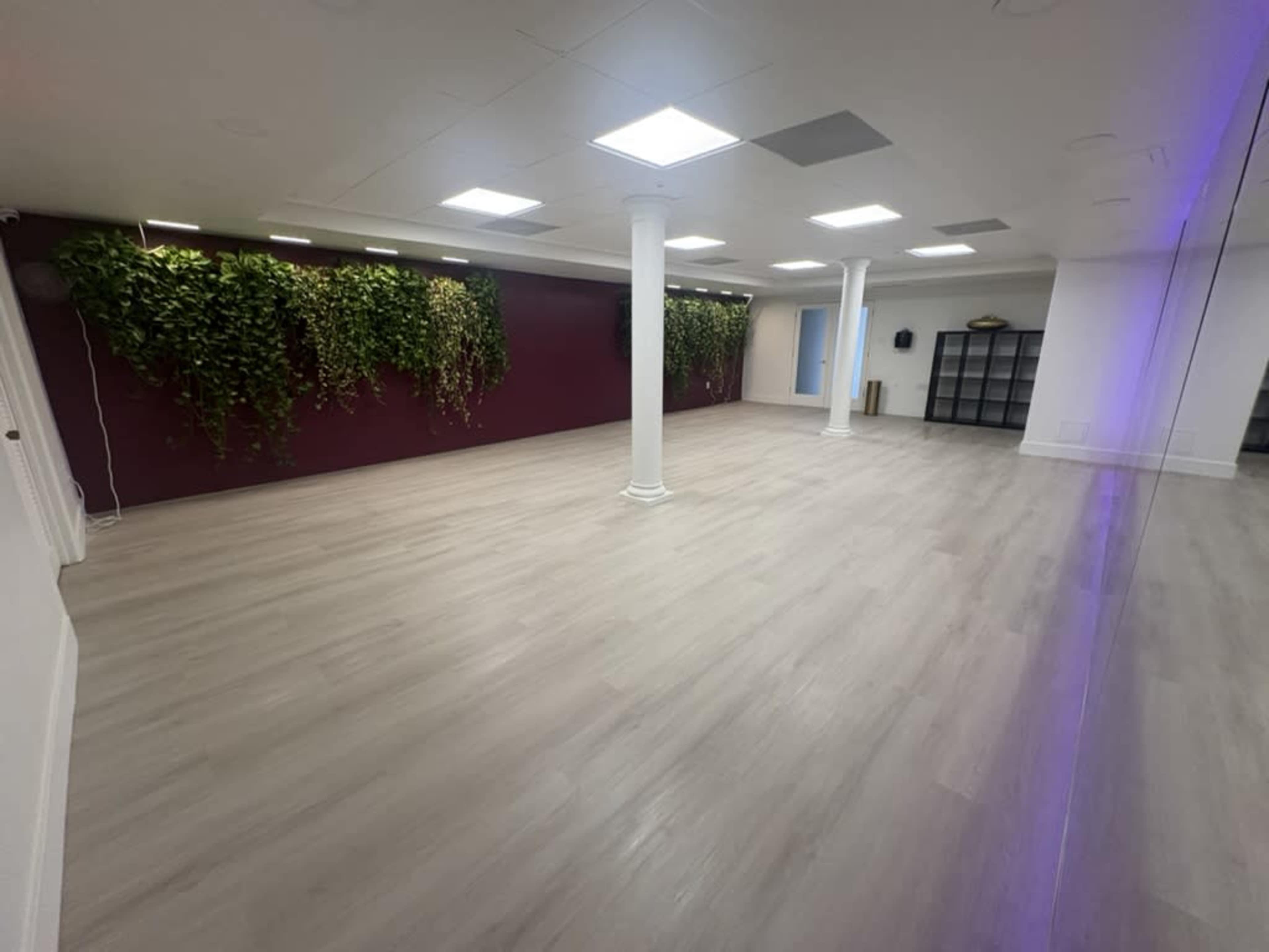 The image shows an empty indoor space with light-colored flooring, green plants on a wall, and several columns supporting the ceiling.