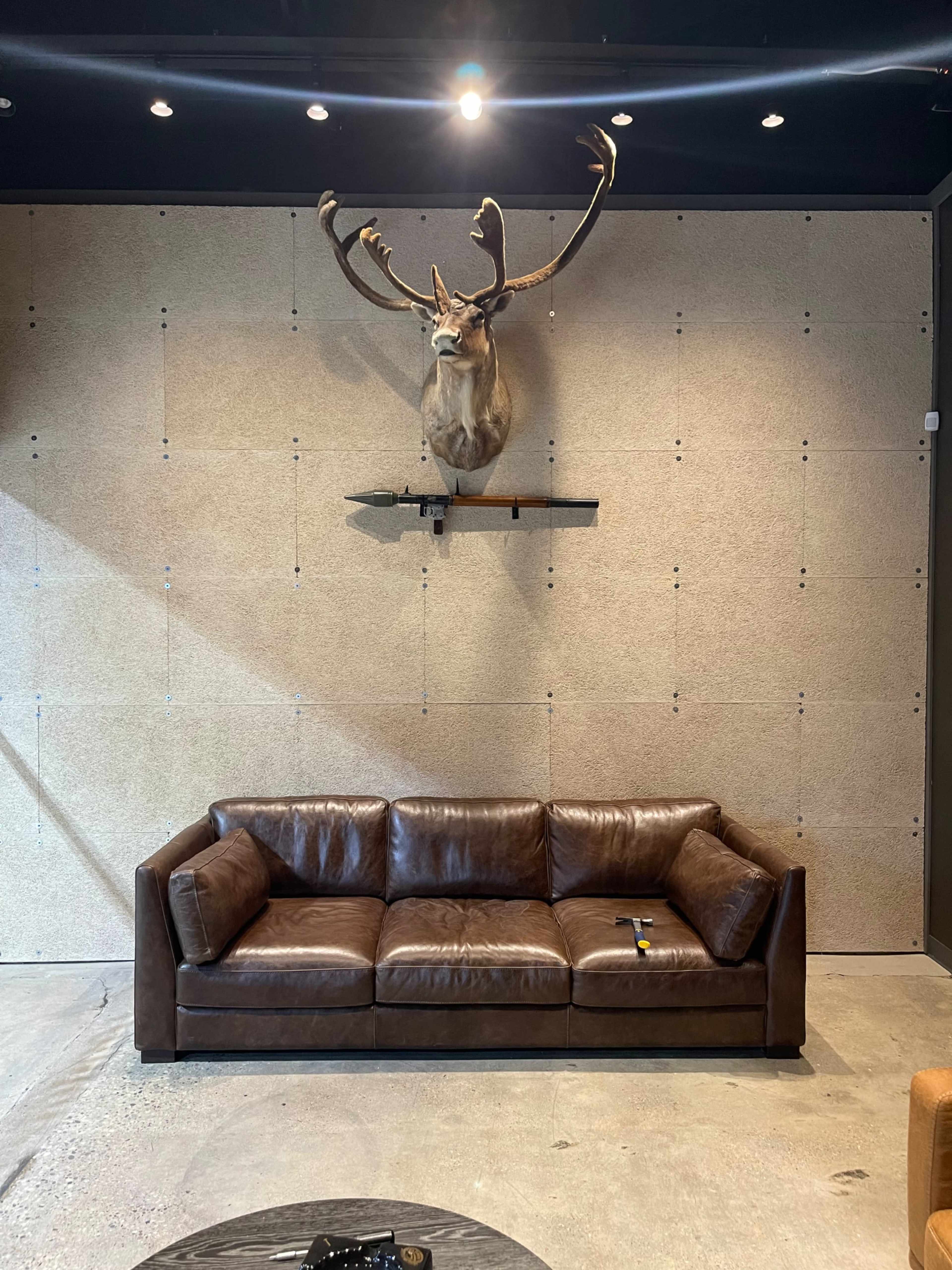 A brown leather sofa positioned against a textured wall, with a deer head mounted above it on a shelf.