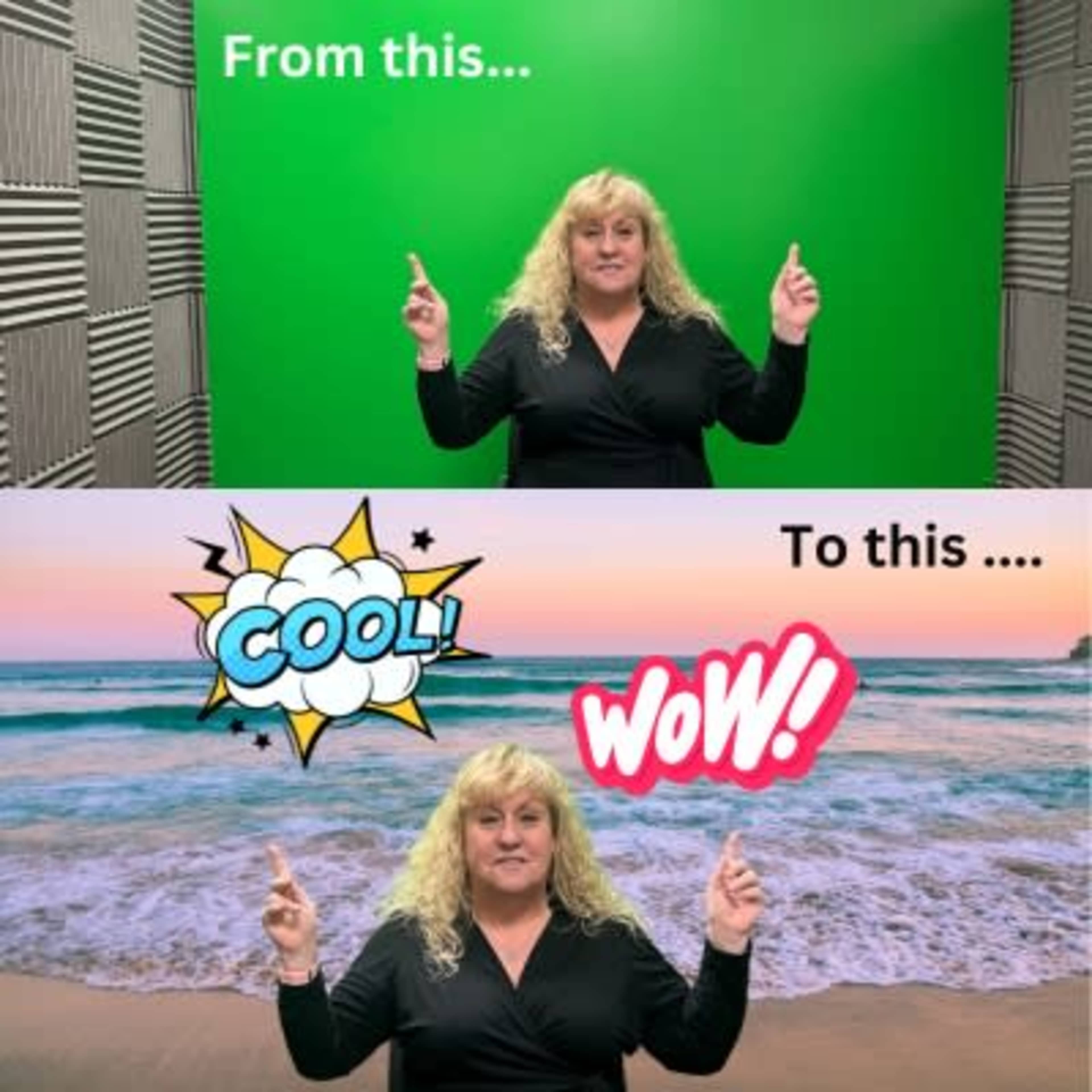 A woman pointing upwards in front of a green screen, with a transformation graphic depicting a beach scene above and the words "COOL!" and "WOW!" prominently displayed.