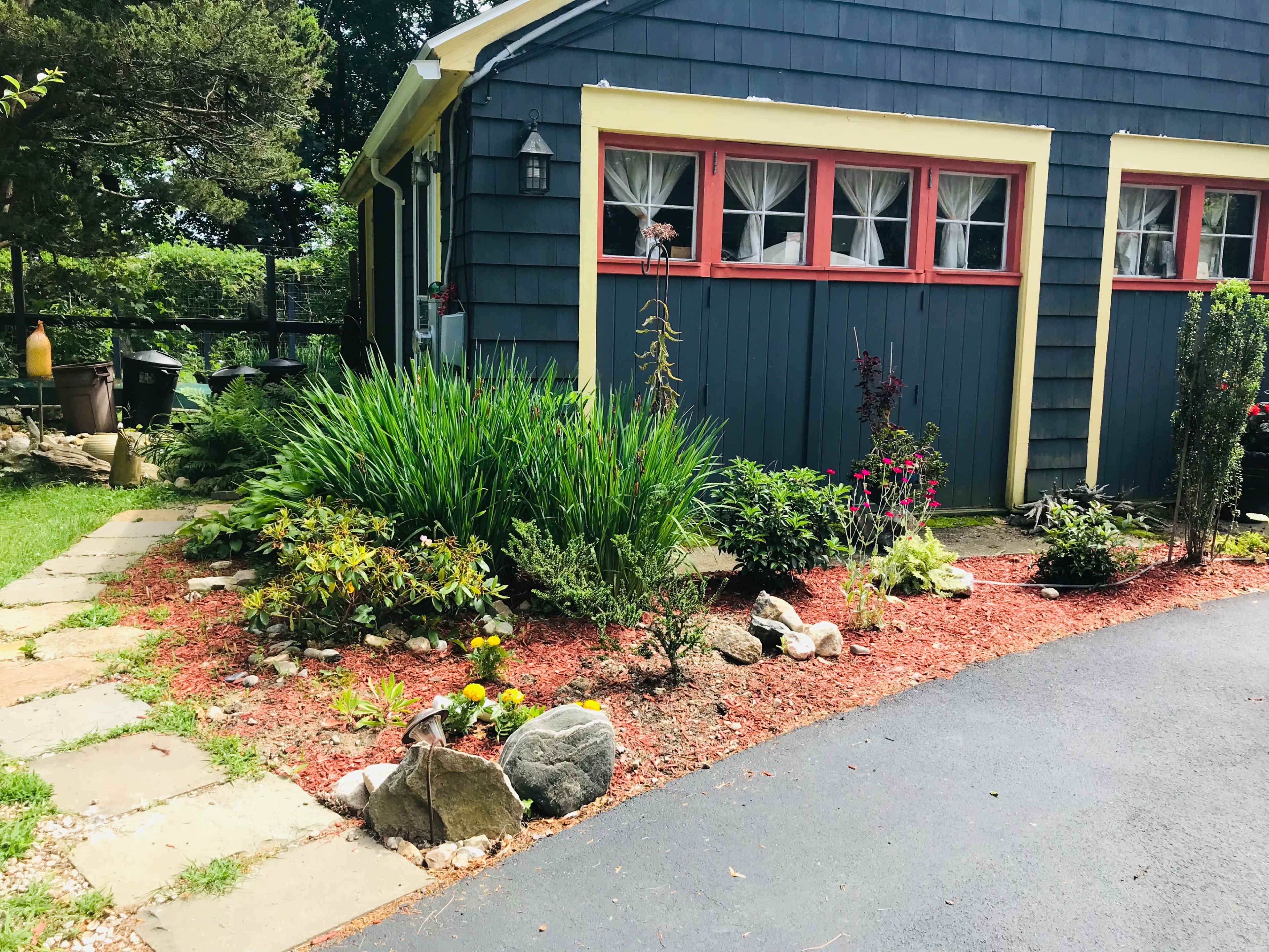A landscaped garden area with various plants, stones, and red mulch next to a blue house with yellow trim and red window frames.