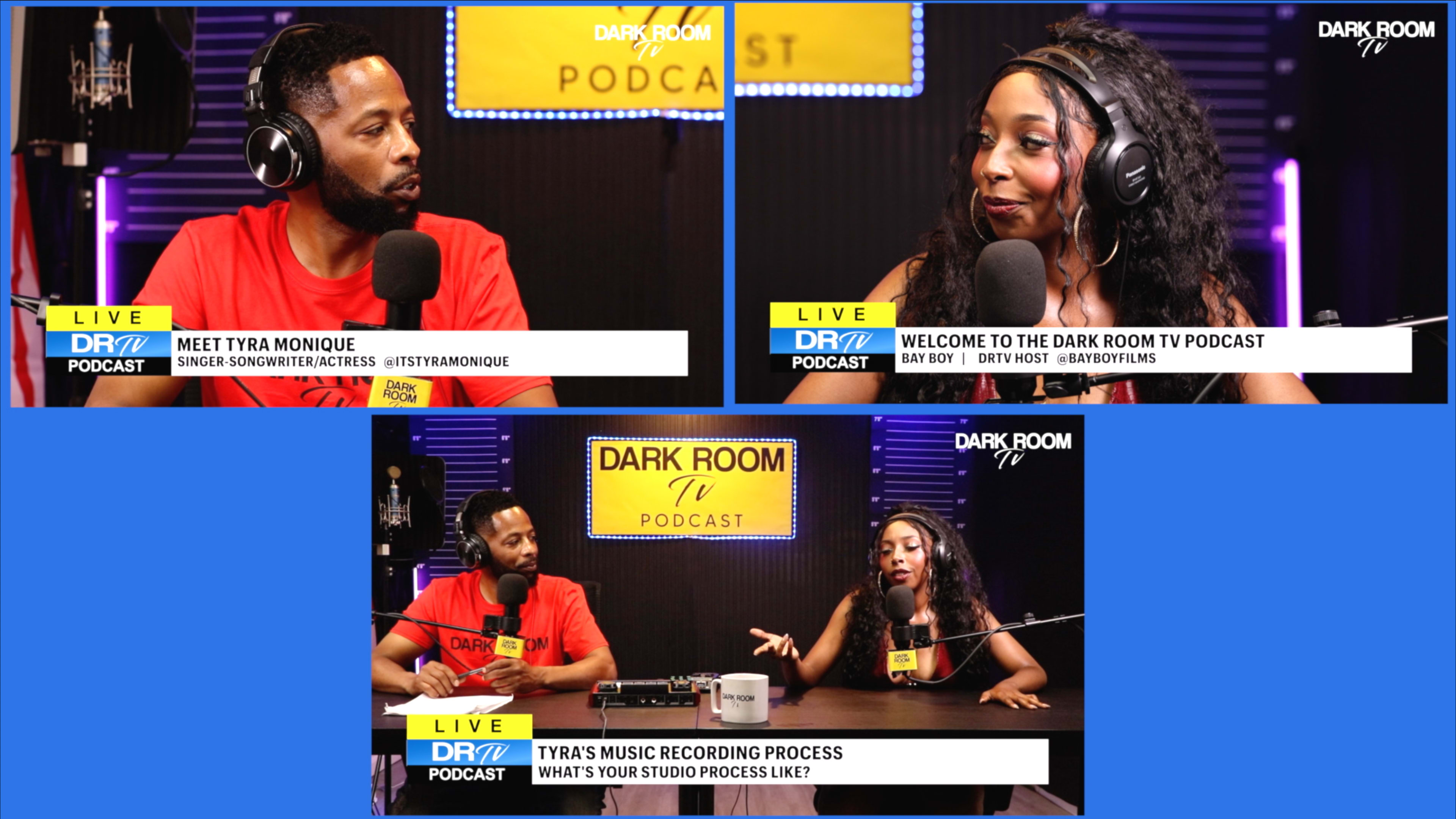The image features a split screen showing a podcast setup with two hosts discussing music recording processes, featuring a woman sharing her insights while a man listens attentively.