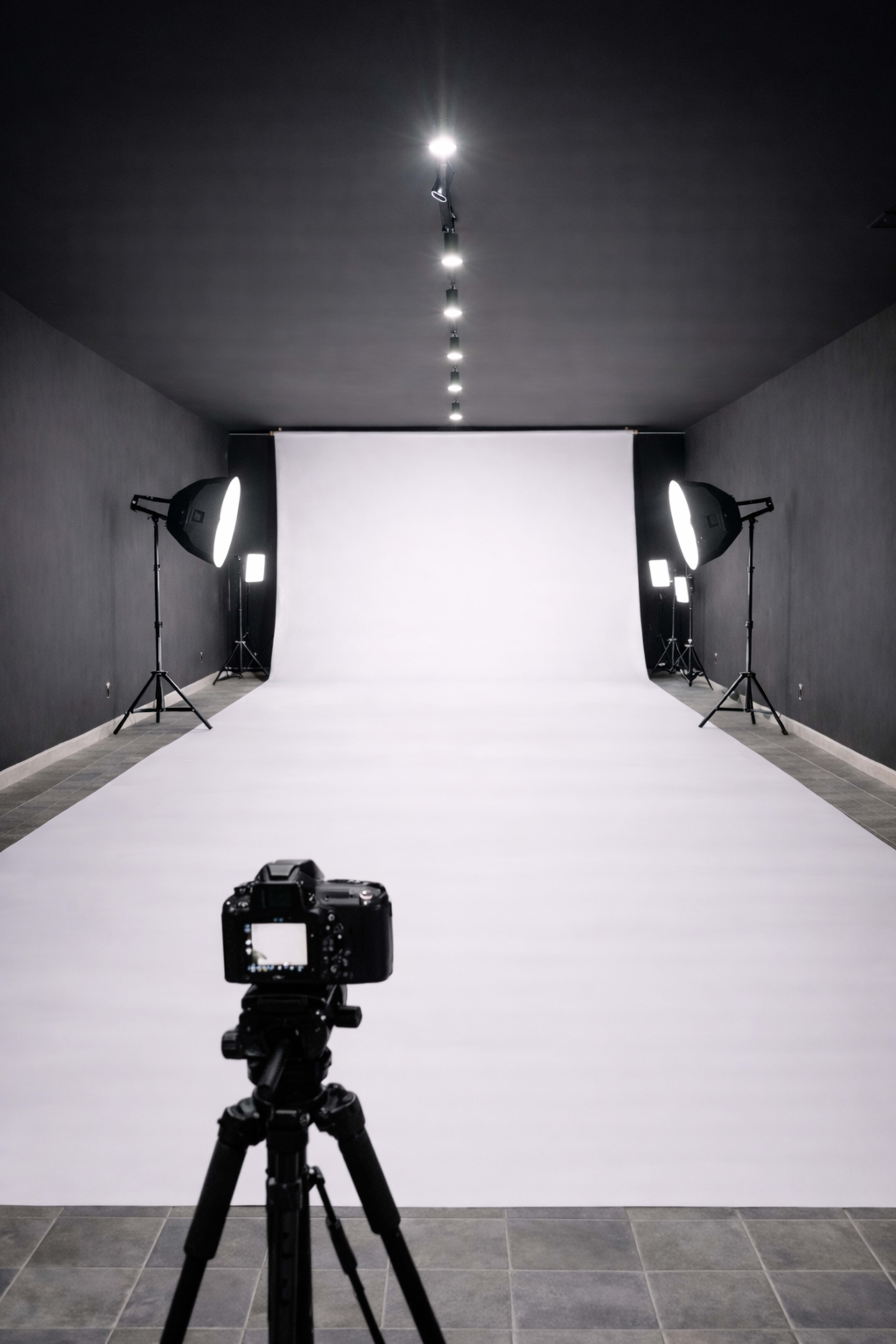 A photography studio is set up with a white backdrop, two lighting equipment stands, and a camera on a tripod positioned in front.