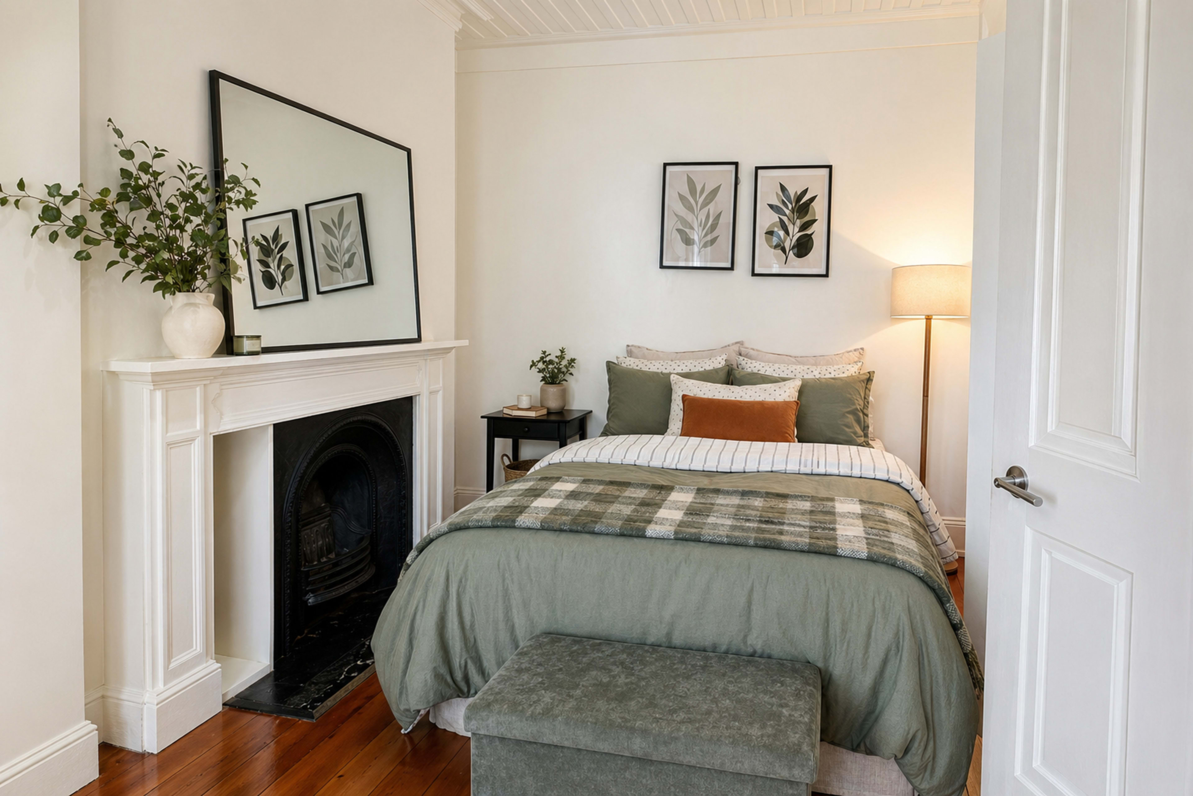 The image shows a cozy bedroom featuring a bed with a green comforter, a fireplace adorned with a mirror, and framed botanical prints on the wall.