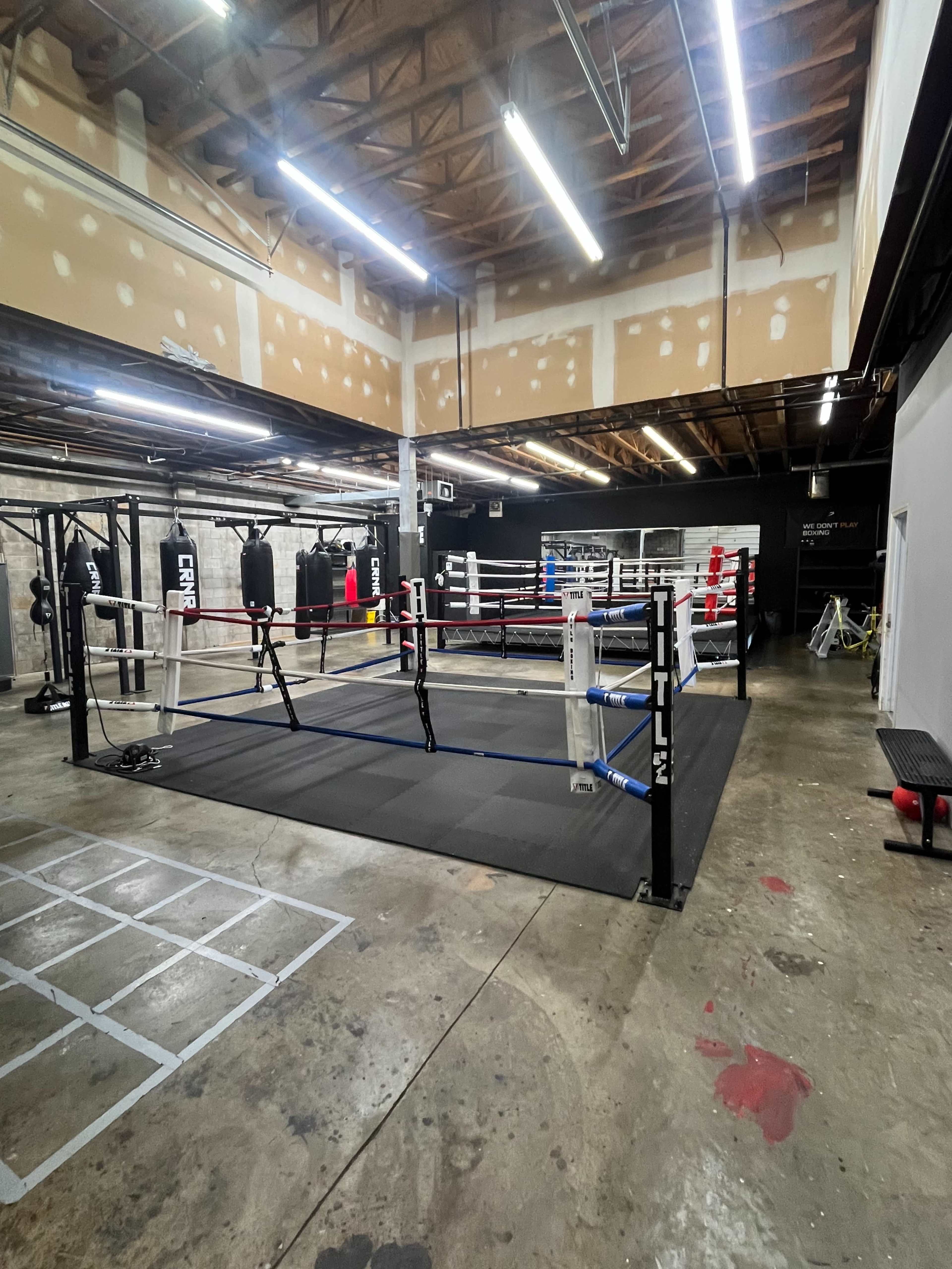 The image shows an indoor boxing gym featuring a competition boxing ring with red and blue corners, surrounded by training bags and a spacious floor.