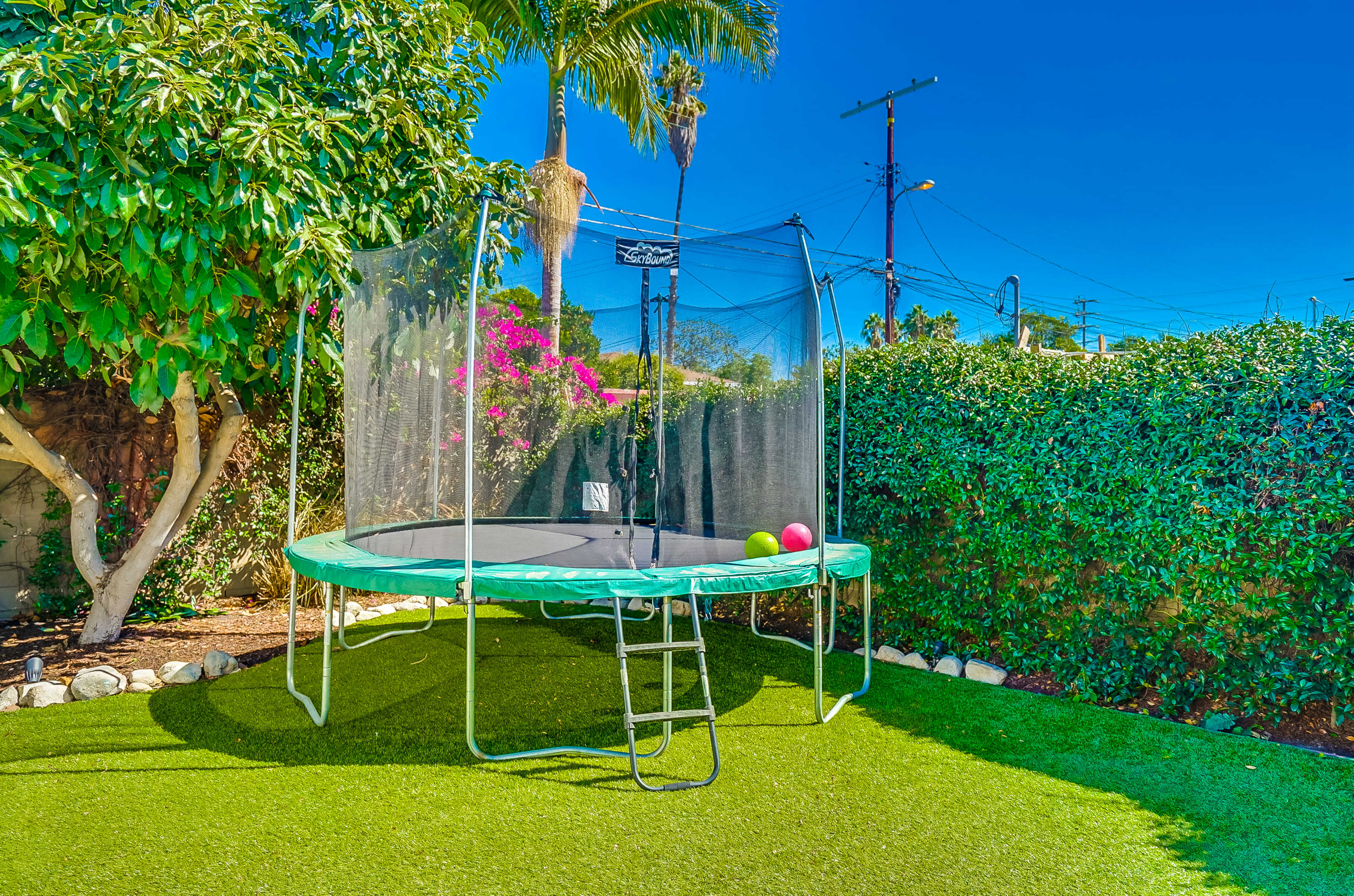 A trampoline with a safety net is set up on a grassy lawn surrounded by hedges and tropical plants.