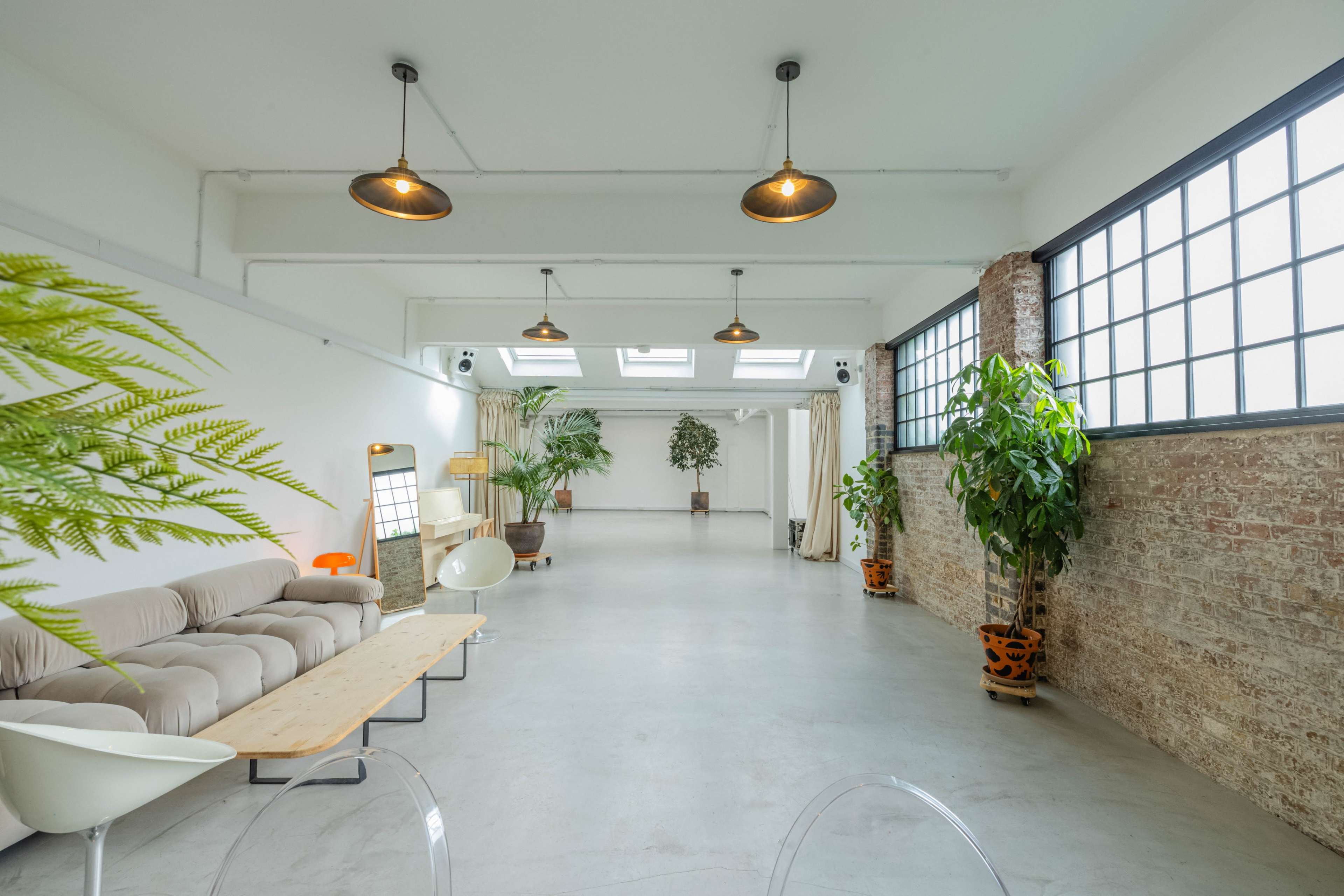 A spacious room features a light-colored sofa, wooden table, and several potted plants along the walls with large windows illuminating the space.