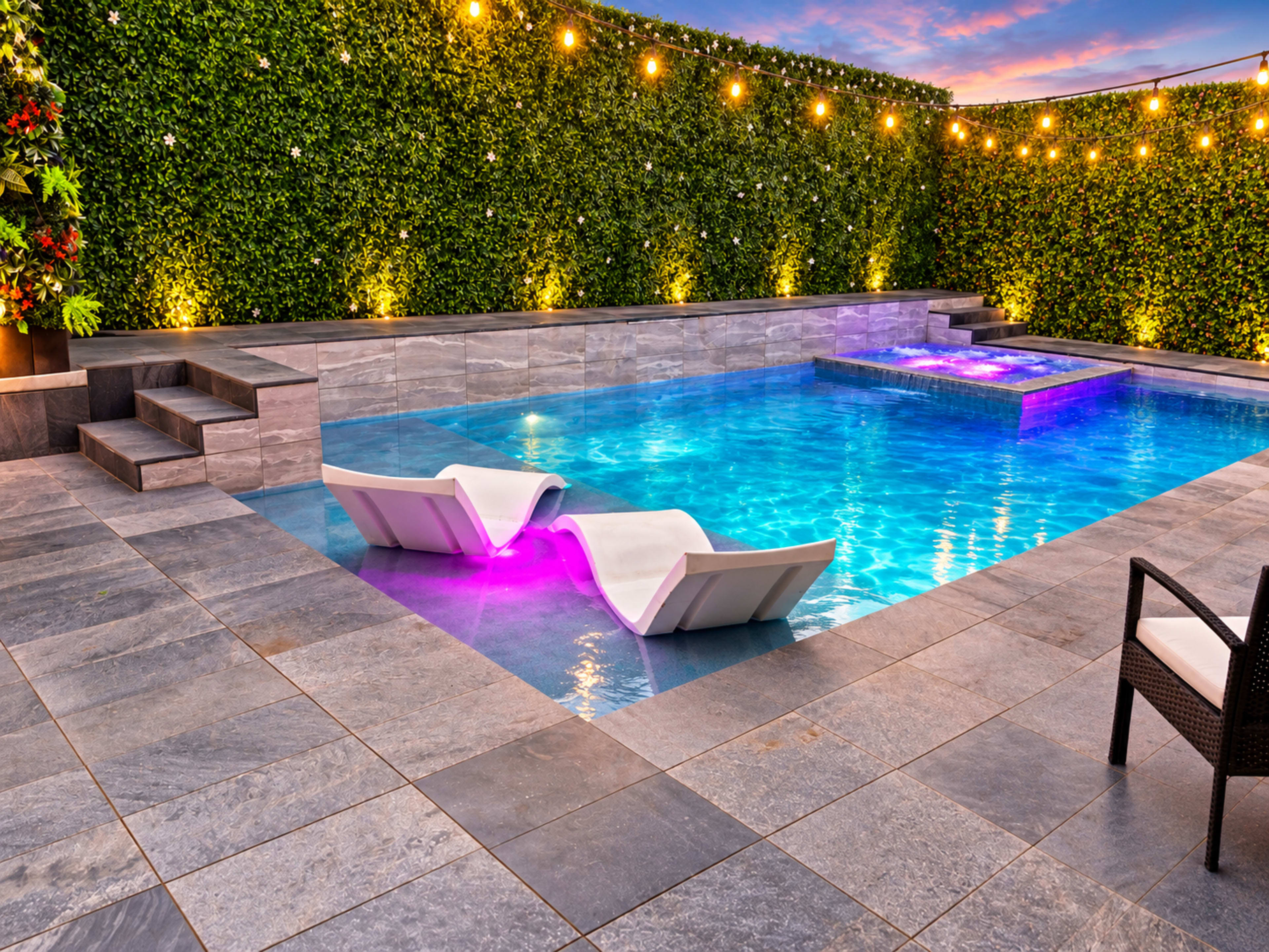 A modern swimming pool with two lounge chairs submerged partially in the water, surrounded by stone tiles and illuminated by soft landscaping lights.