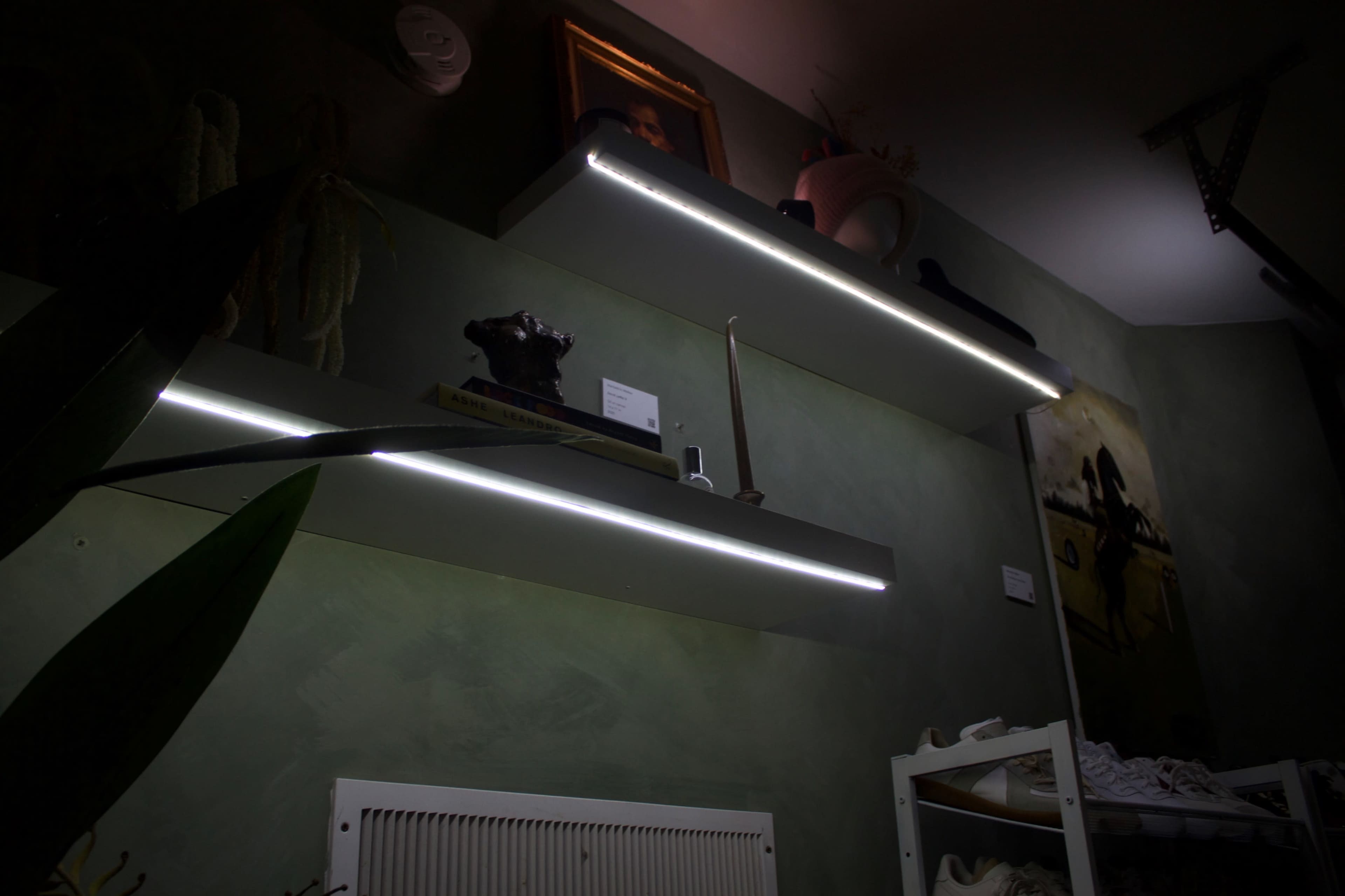 The image shows two illuminated shelves against a green wall, displaying various decorative items and a framed picture, with a radiator and a shelf of shoes below.