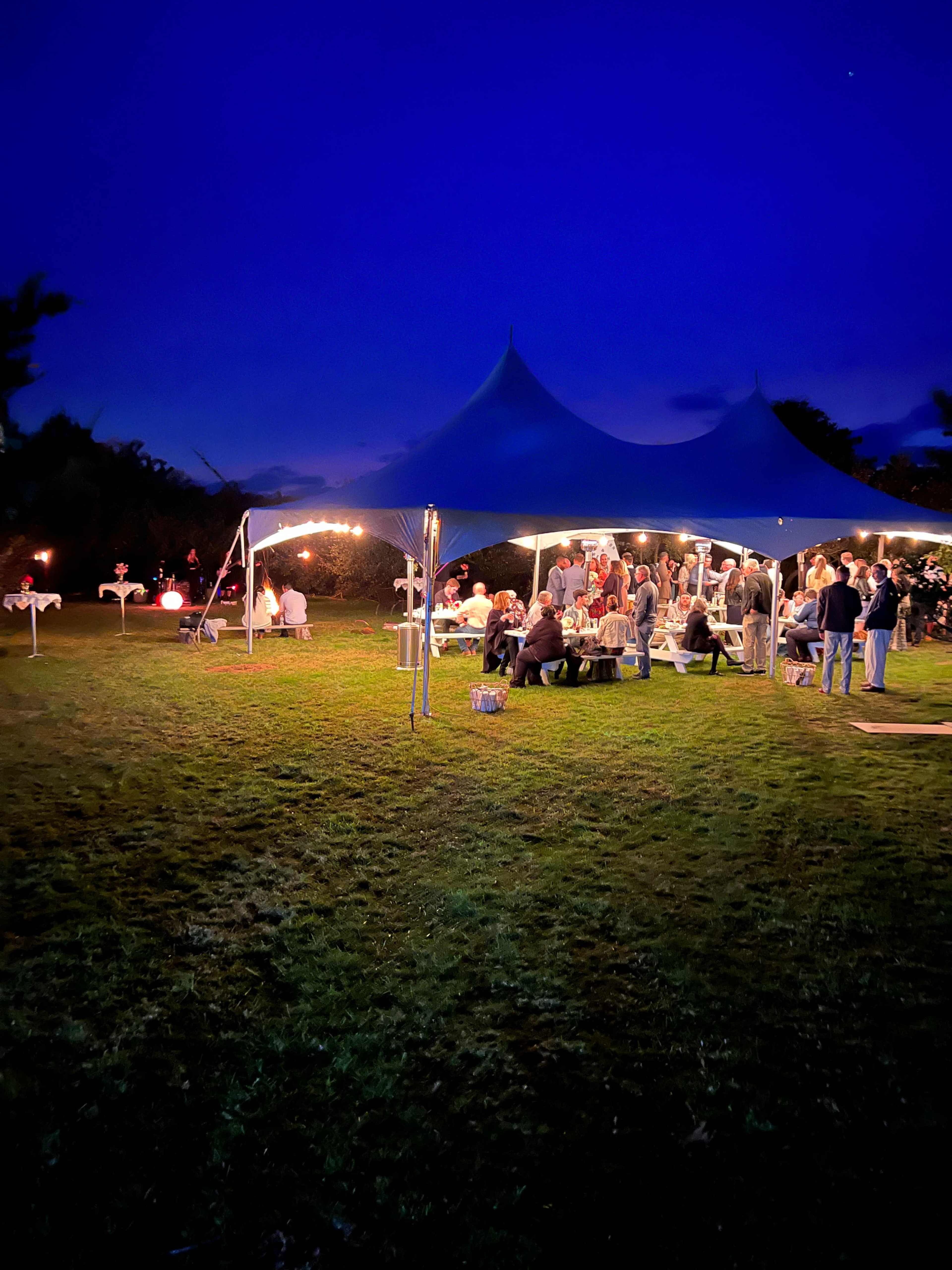 A large gathering of people mingles under a tent illuminated by string lights on a grassy area at dusk.