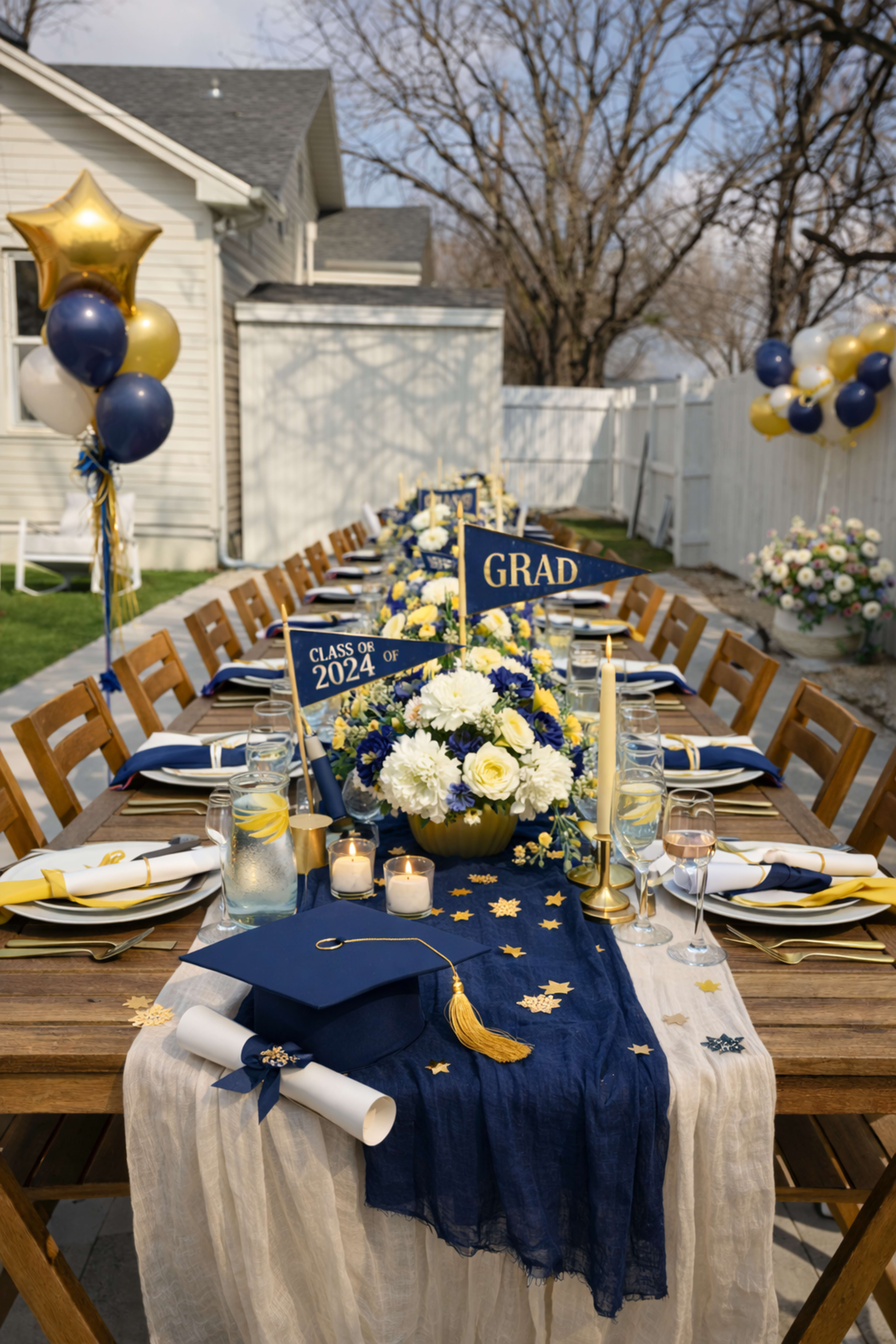 A long wooden table is decorated for a graduation party, featuring blue and gold accents, flowers, and a graduation cap.