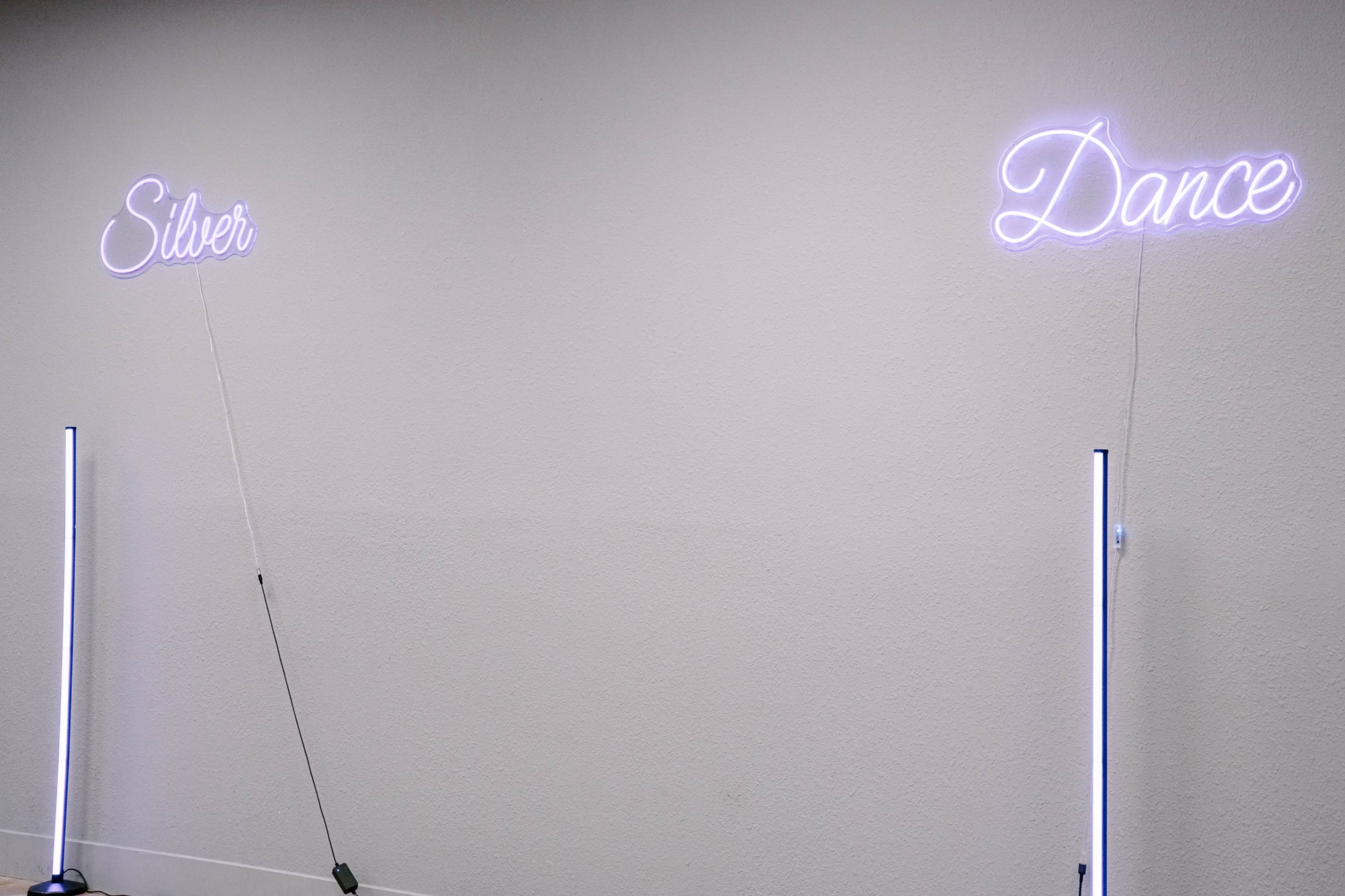 Two neon signs reading "Silver" and "Dance" are mounted on a plain wall, each affixed to a vertical stand.