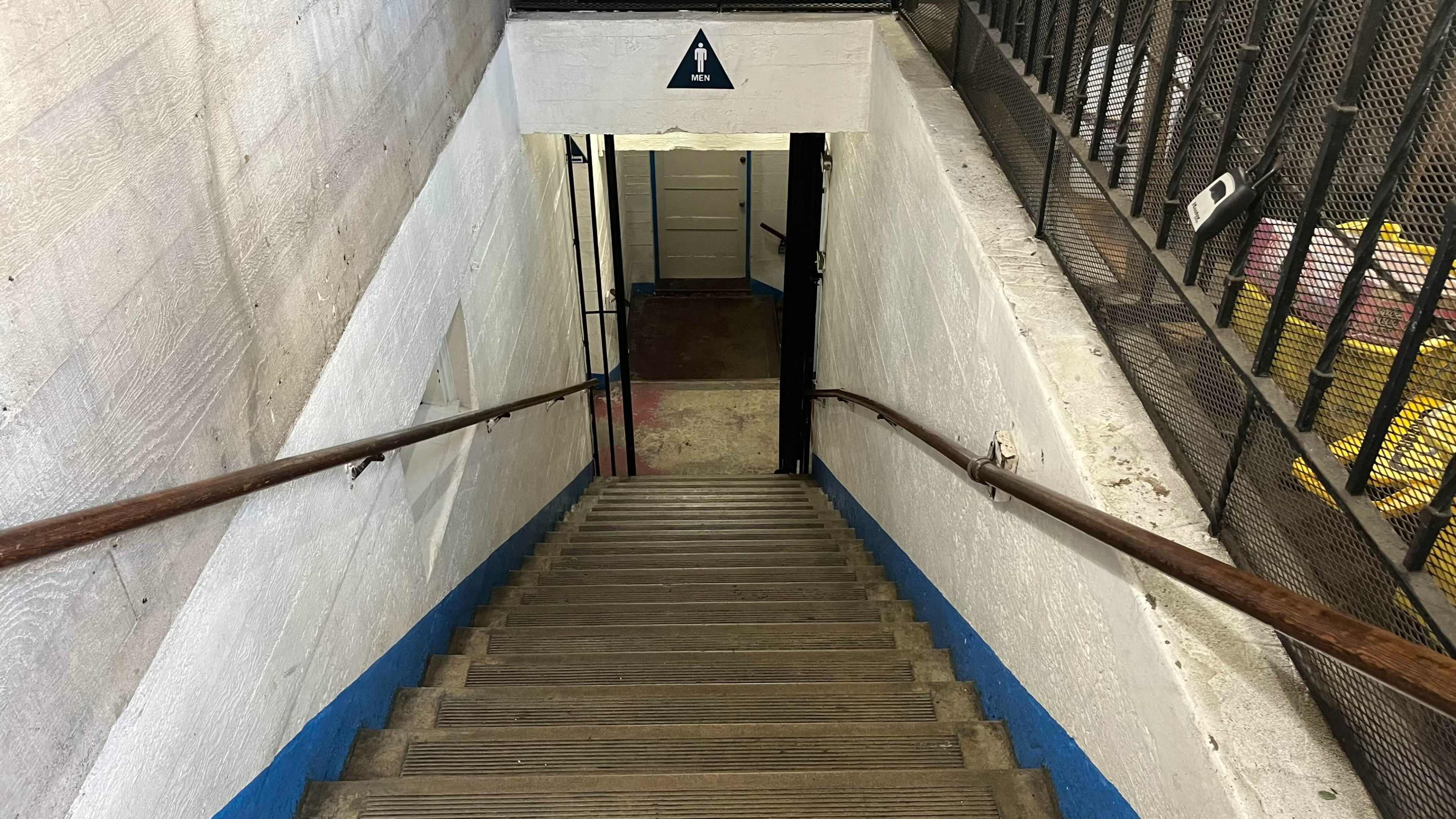 A staircase leads down to a door at the bottom, with white walls and blue trim.