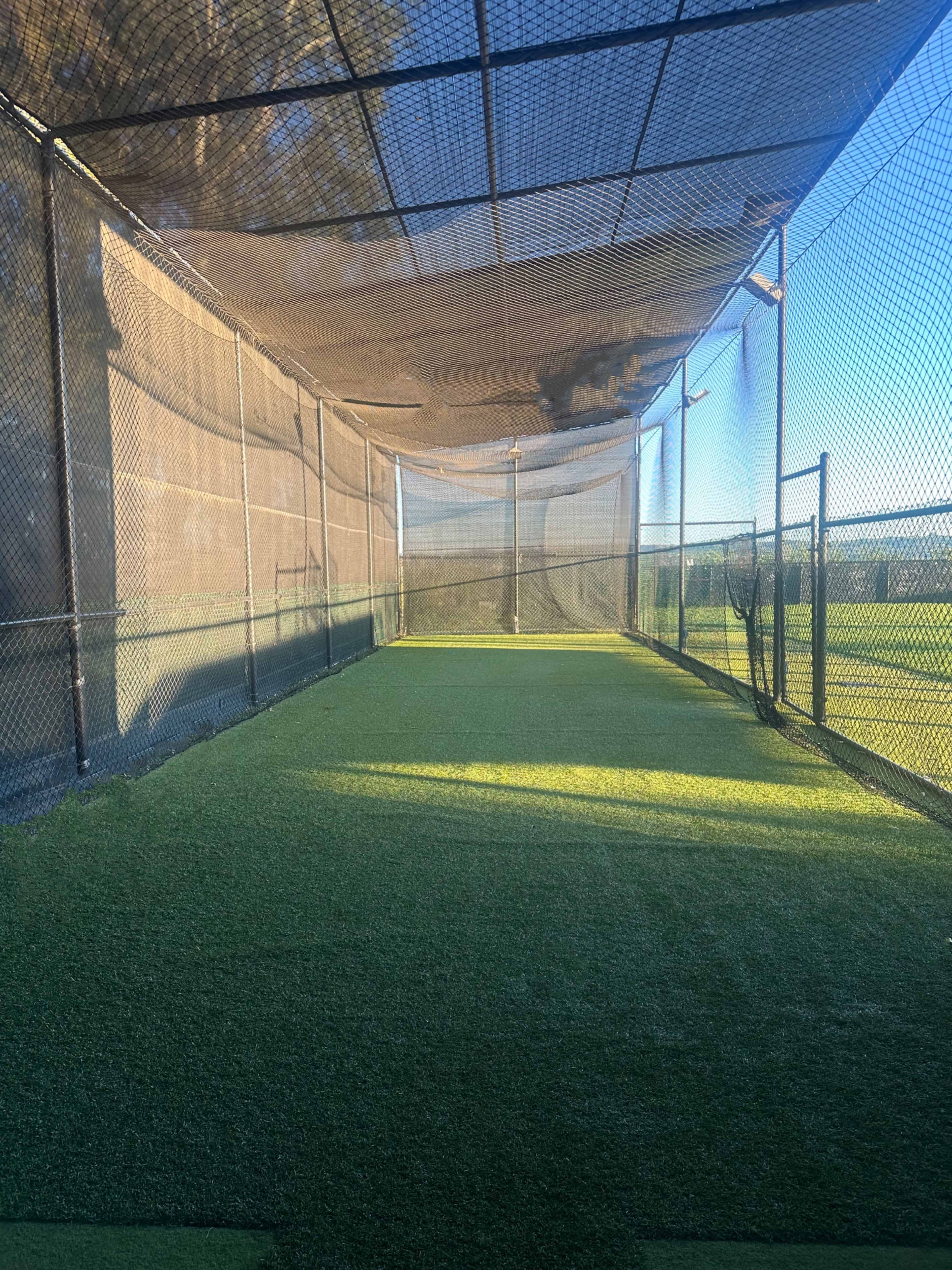 The image shows an enclosed batting cage with artificial turf and a netted ceiling, illuminated by sunlight.