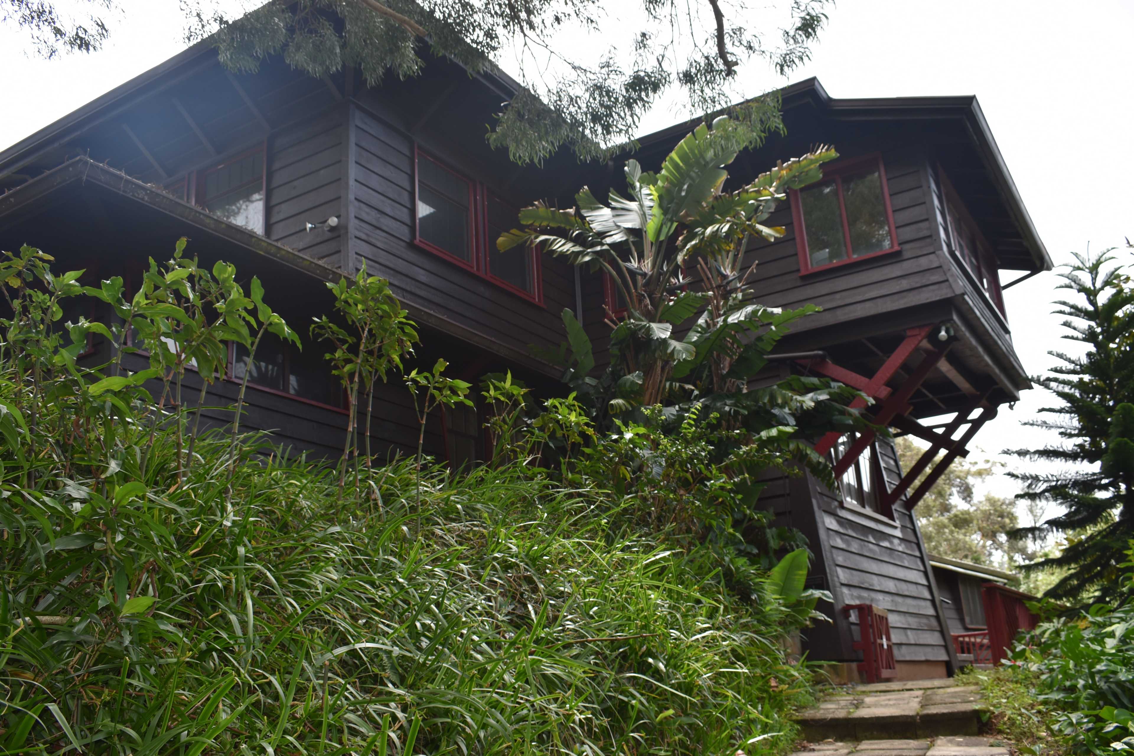 A three-story wooden house with red trim is surrounded by lush greenery and tropical plants.