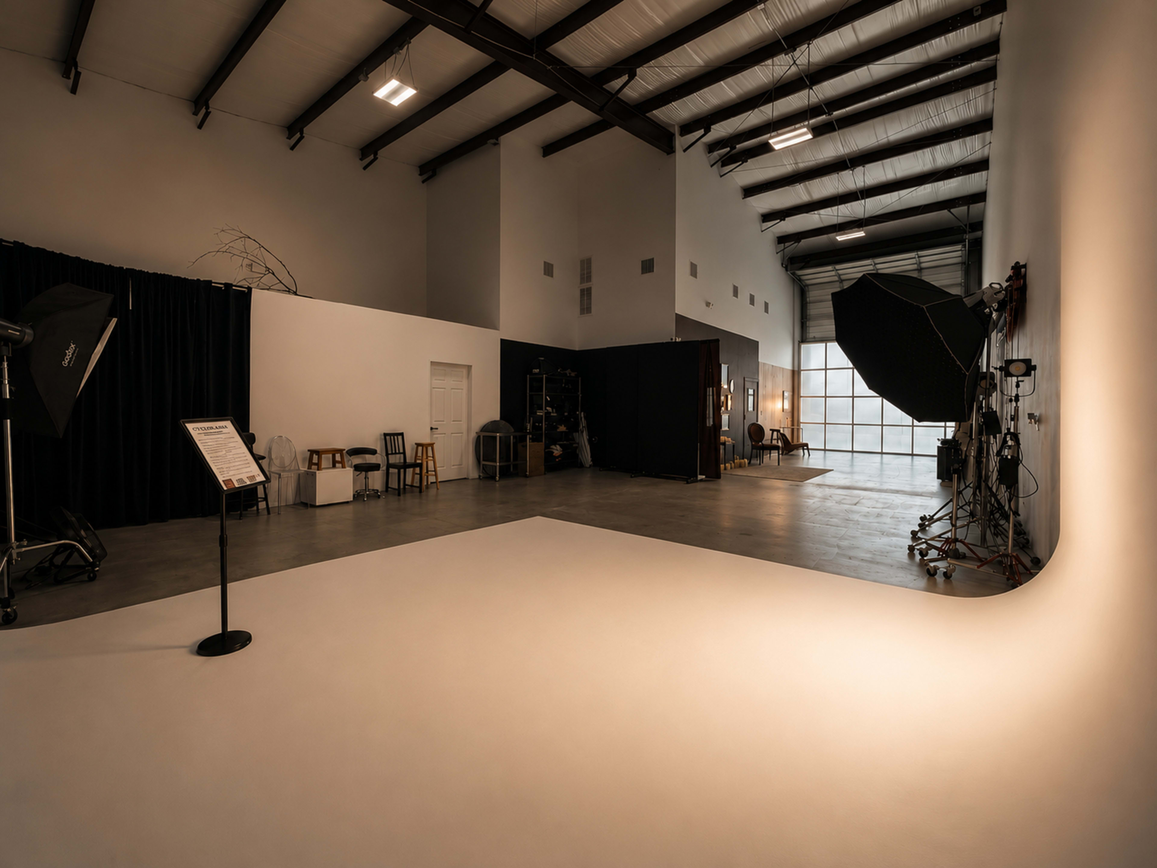 The image shows a spacious photography studio with a white backdrop, various lighting equipment, and a large window allowing natural light.
