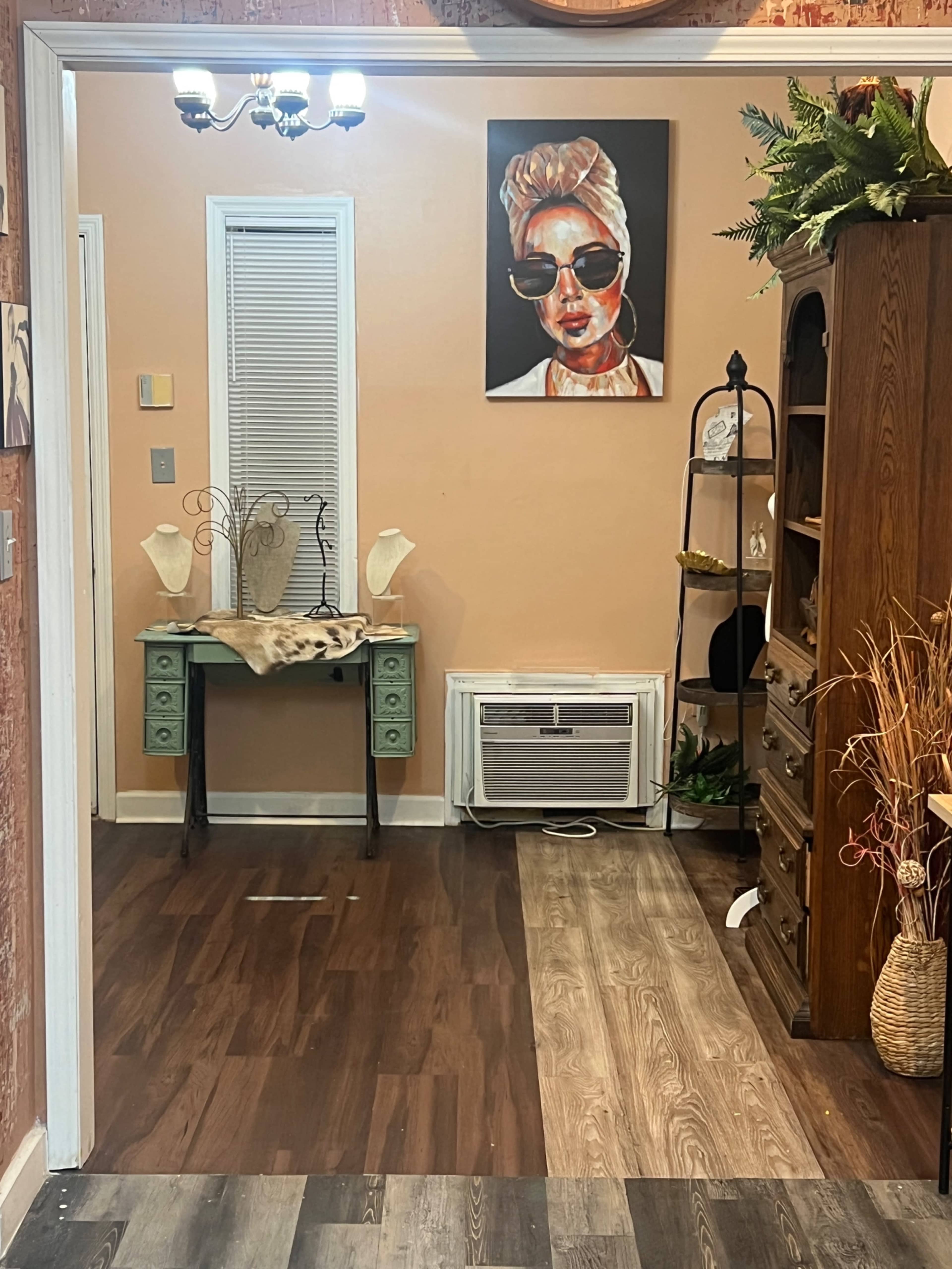 The image shows a small room featuring a wall-mounted portrait, a teal console table, an air conditioning unit, and wooden shelves.