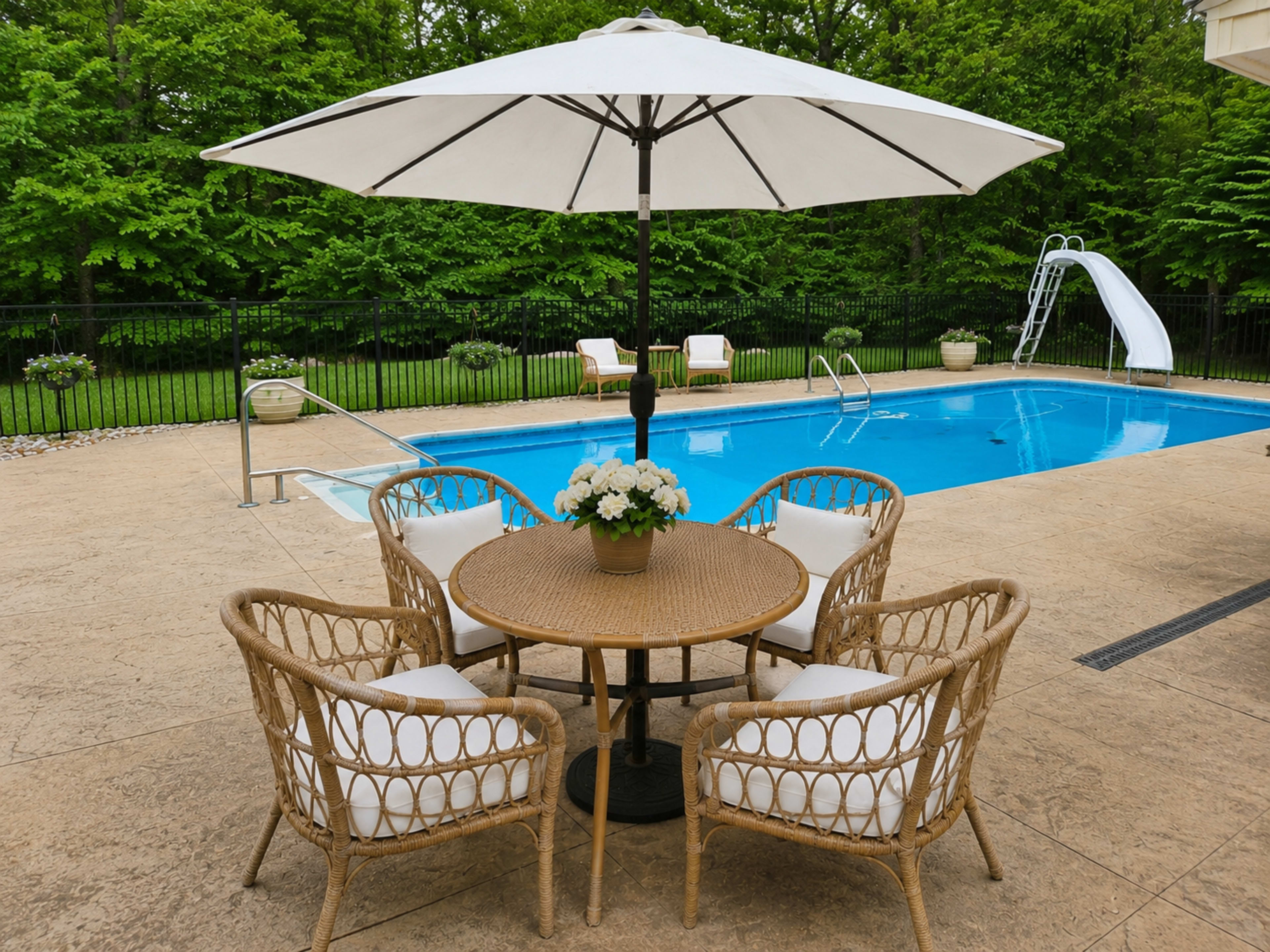 A round table with four wicker chairs and an umbrella is set near a swimming pool featuring a slide and surrounded by greenery.