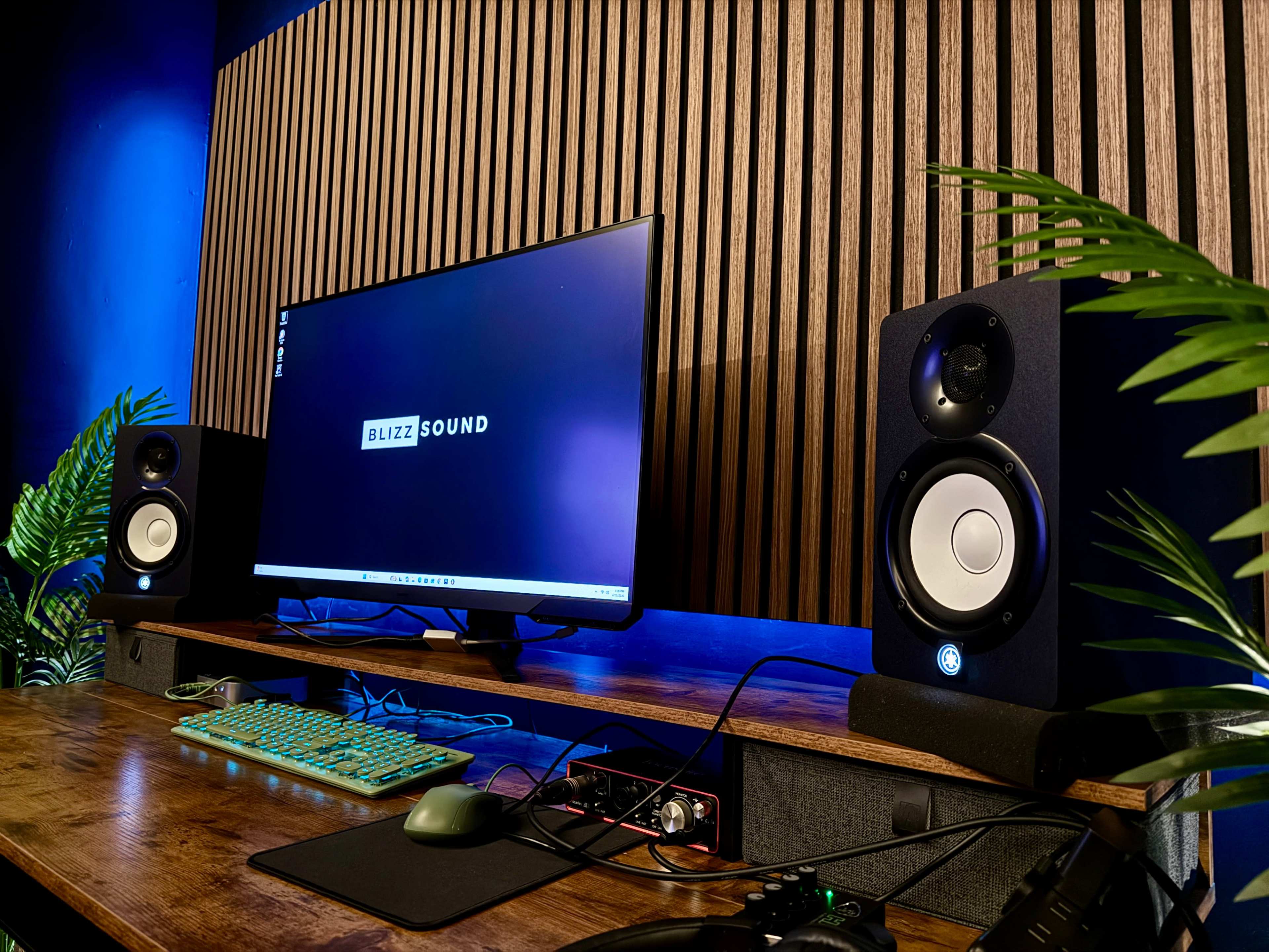 The image shows a modern workspace featuring a computer monitor, speakers on either side, a keyboard, and a wooden desk with decorative plants in the background.