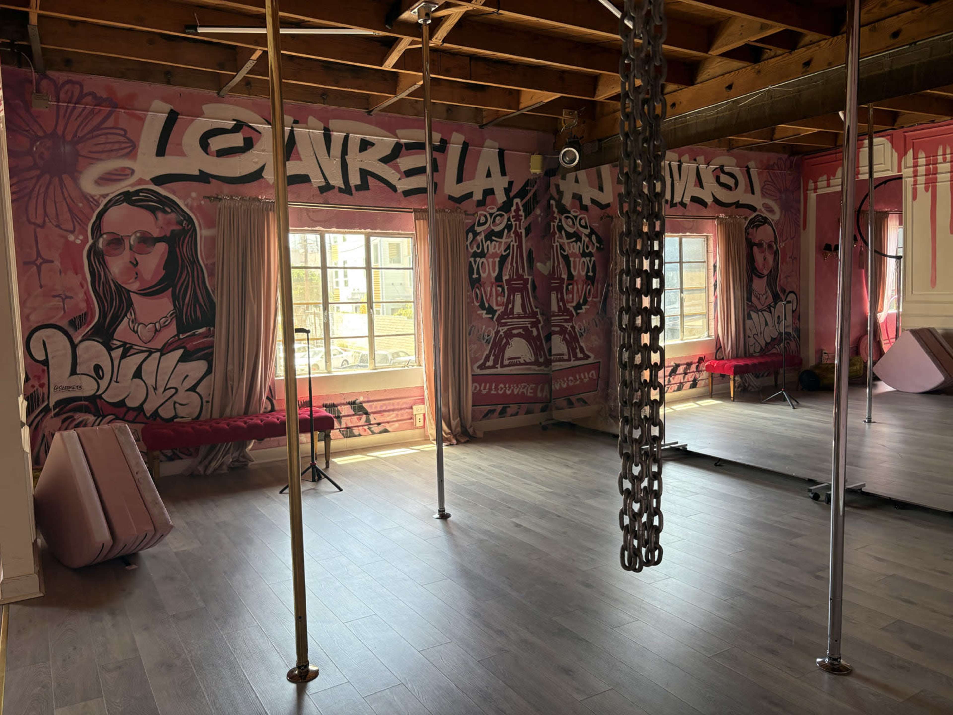 The image shows an exercise studio with pole dancing equipment and vibrant wall murals featuring artistic graffiti.