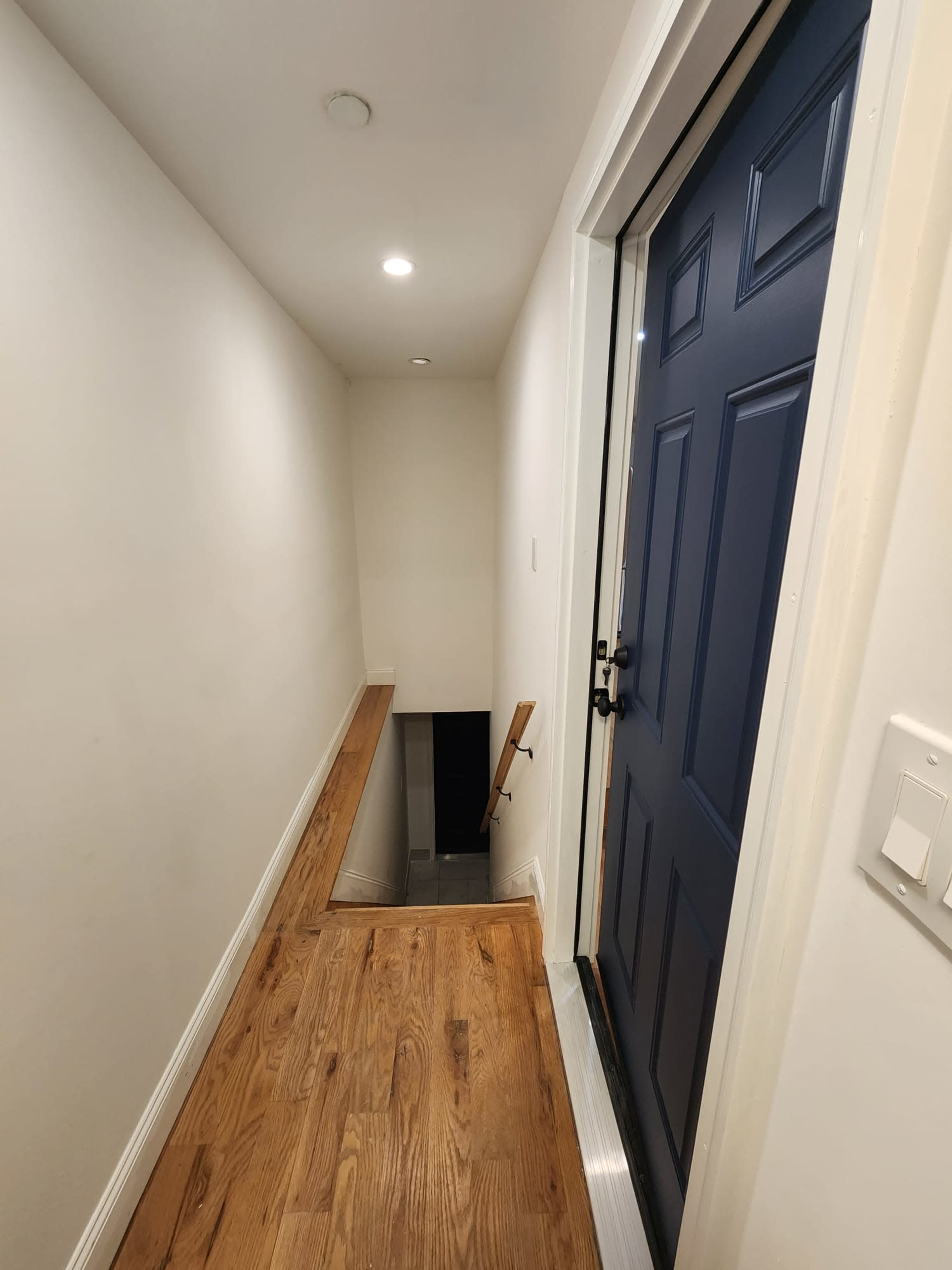The image shows a narrow hallway leading to a staircase, with a blue front door on the right and wooden flooring.