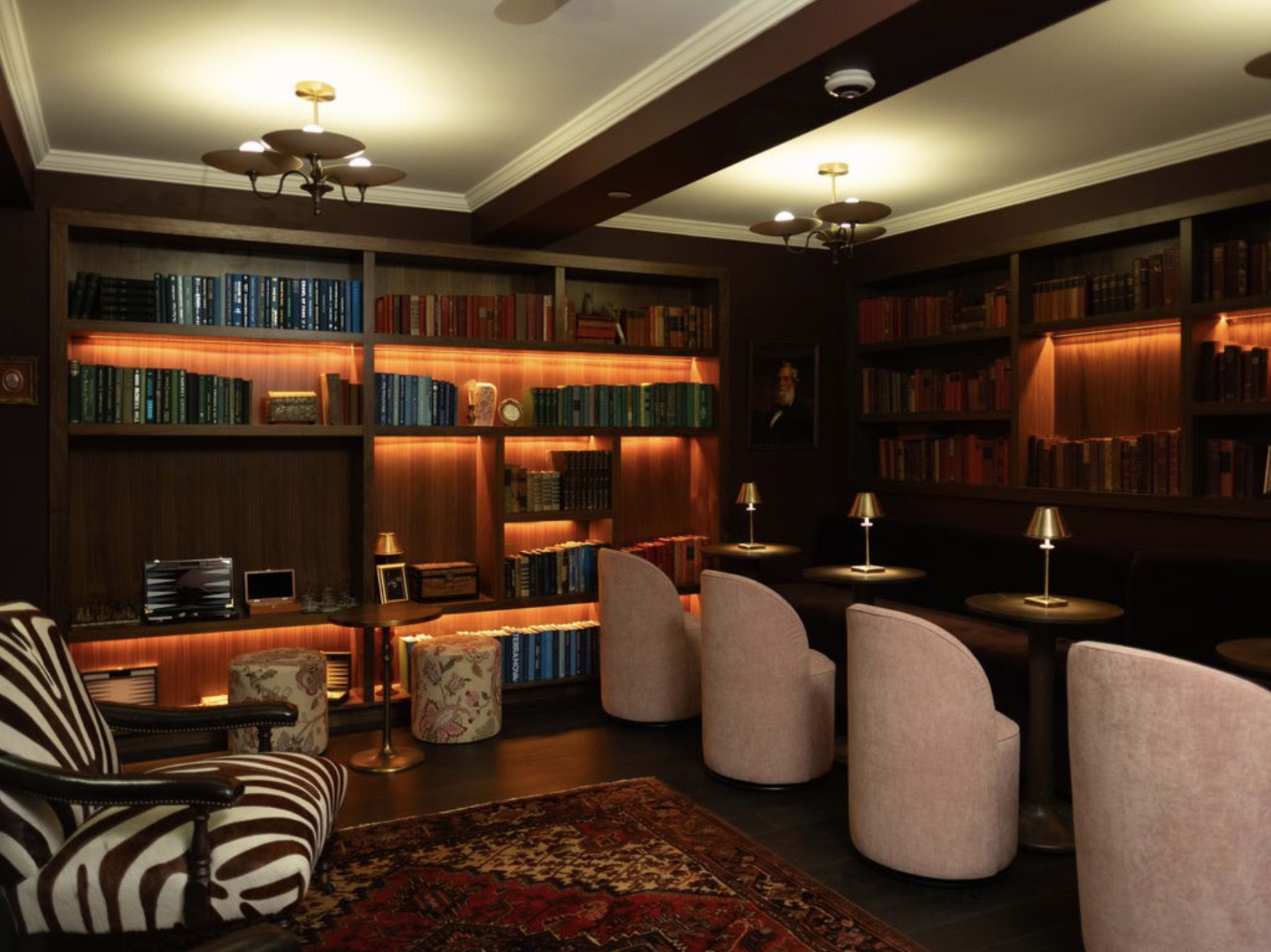 The scene features a cozy library with wooden shelves filled with books, cushioned chairs, and warm lighting.