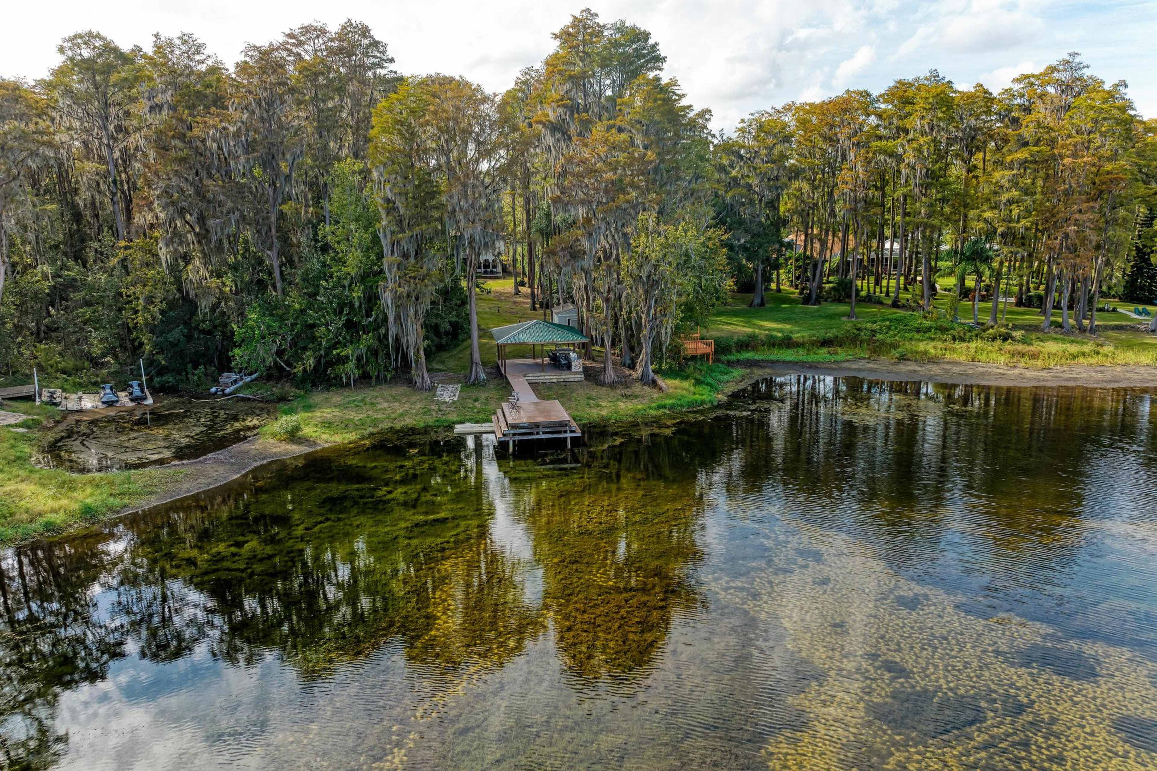 A serene lakeside scene with a dock and a structure surrounded by cypress trees and calm water.