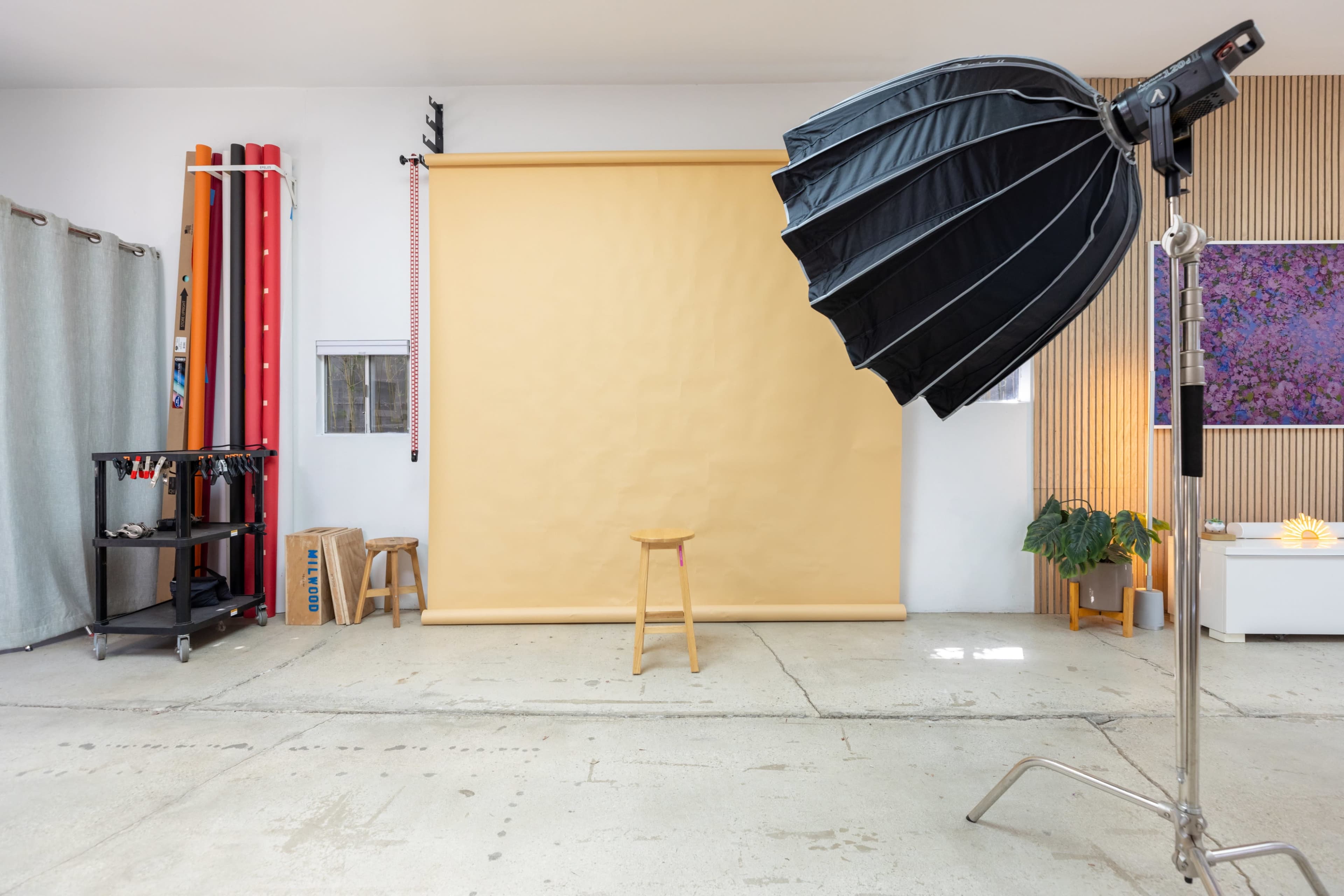 The image shows a photography studio with a yellow backdrop, a stool, and a large softbox light setup, along with colorful equipment and a plant in the background.