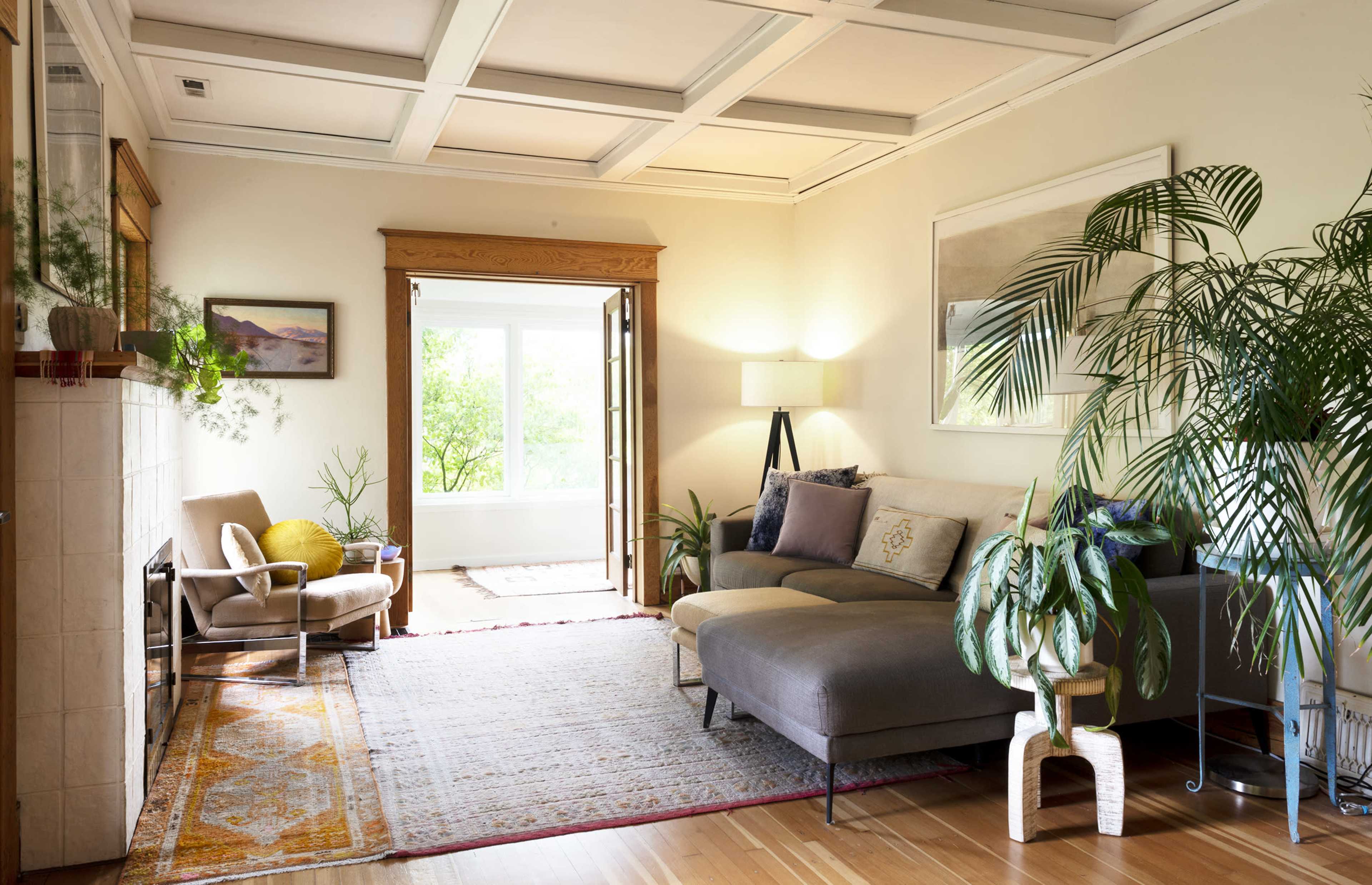 The image shows a living room with a sectional sofa, a cozy armchair, a rug on hardwood flooring, and potted plants near large windows.