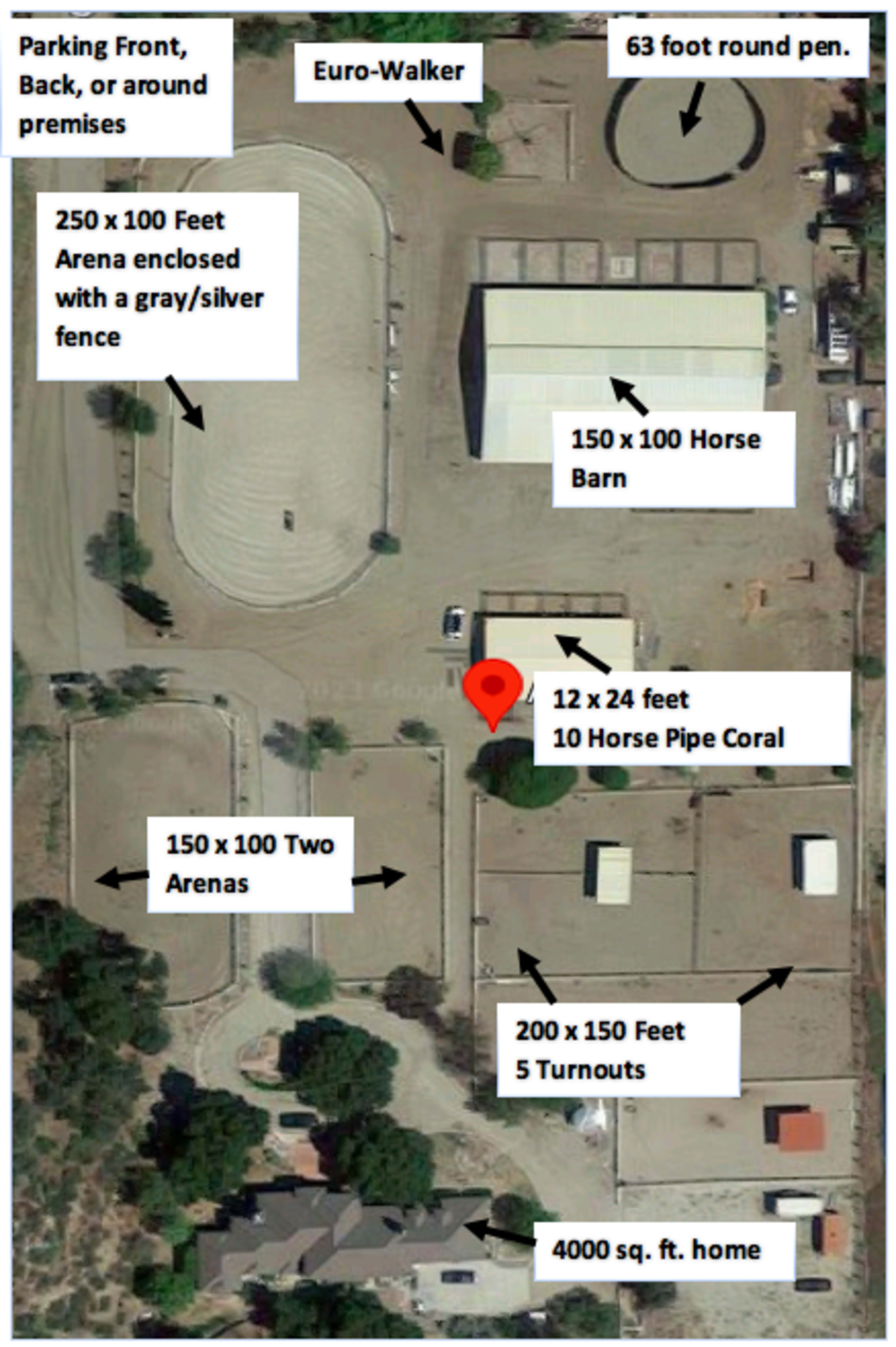 An aerial layout of a property featuring various horse-related facilities, including an arena, barn, turnouts, and a residence.