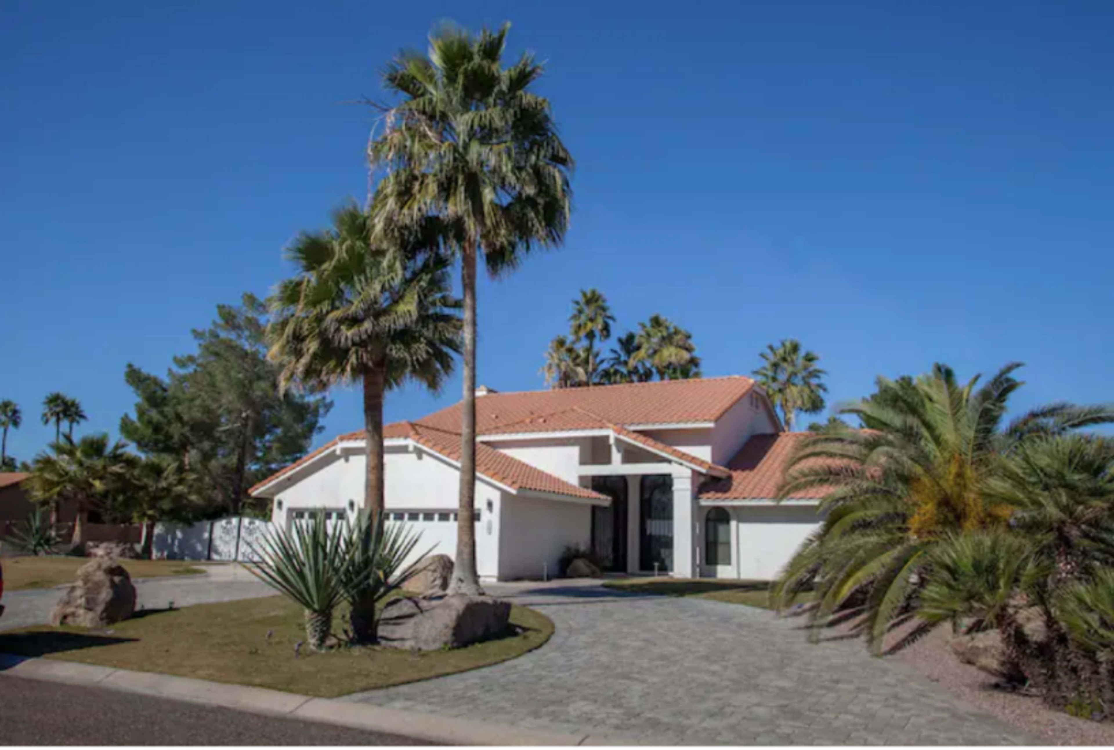 A single-story modern house with a terracotta roof surrounded by palm trees and a paved driveway.